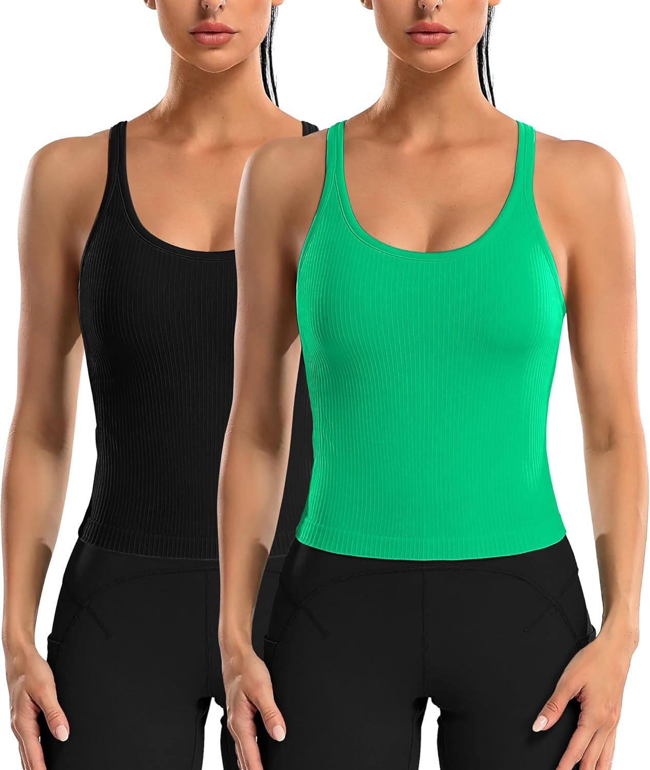 ATTRACO 2 Pack Ribbed Workout Tank Top with Built in Bra Women Seamless Cropped Racerback Yoga Tops Tight Fit