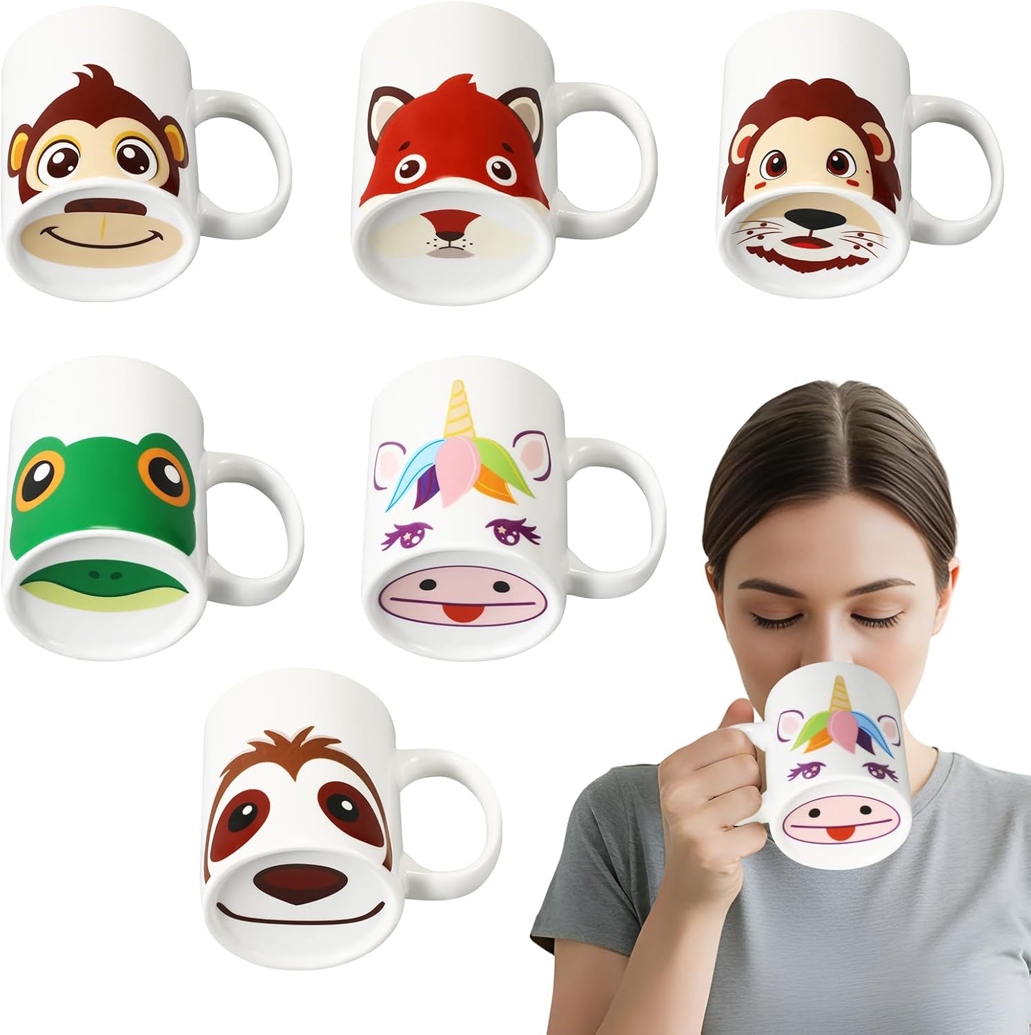 Potchen 6 Pcs Animal Mug Gift Set, Cute Animal Nose Coffee Mug Bulk Funny Ceramic Cup Monkey Unicorn Cat Milk Lion Fox Novelty Gift for Birthday Party Favor Friend Holiday Family