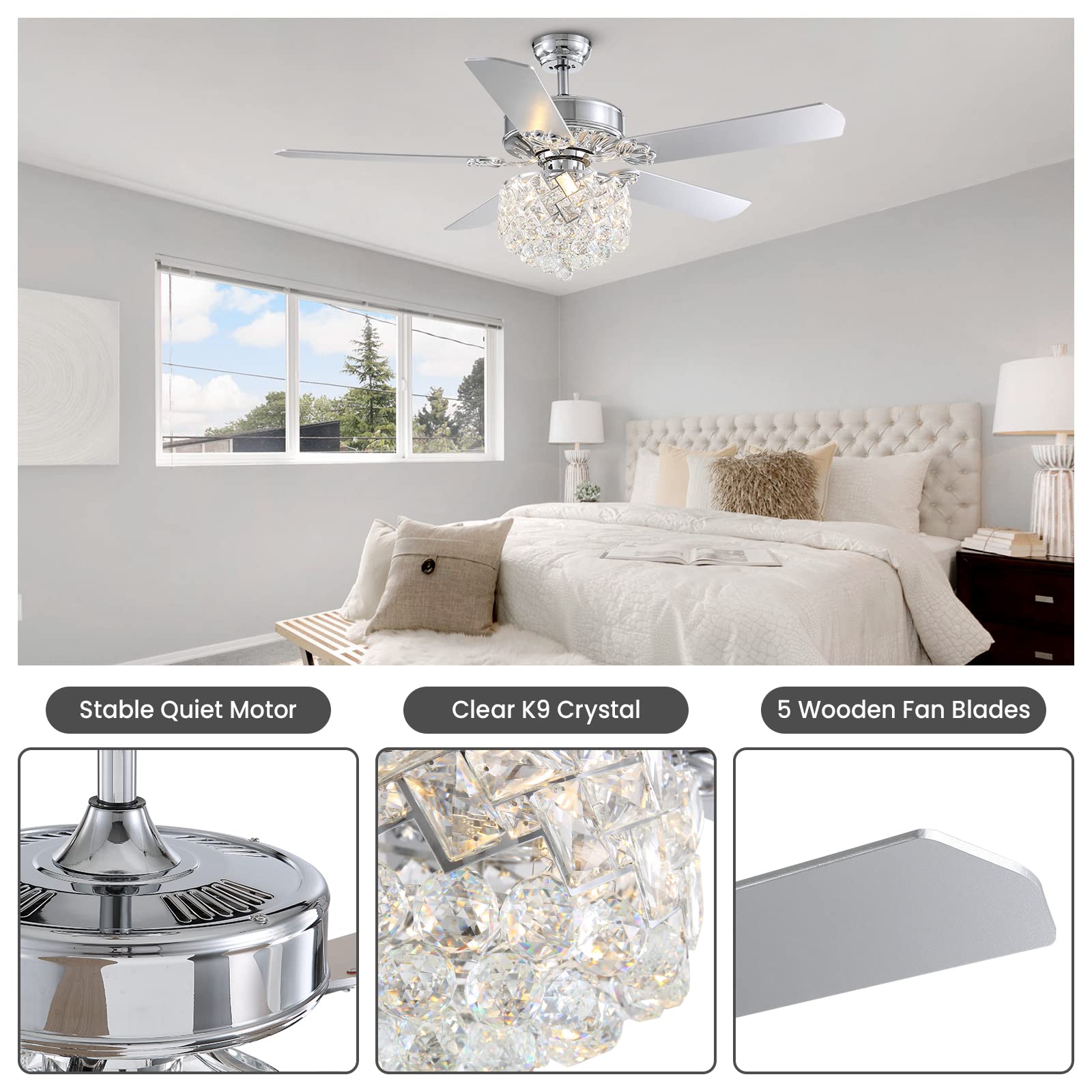 Ventilatore A Soffitto Crosio Crystal 52" Con Luce - 5 Pale In Legno Reversibili, Telecomando, Cromato