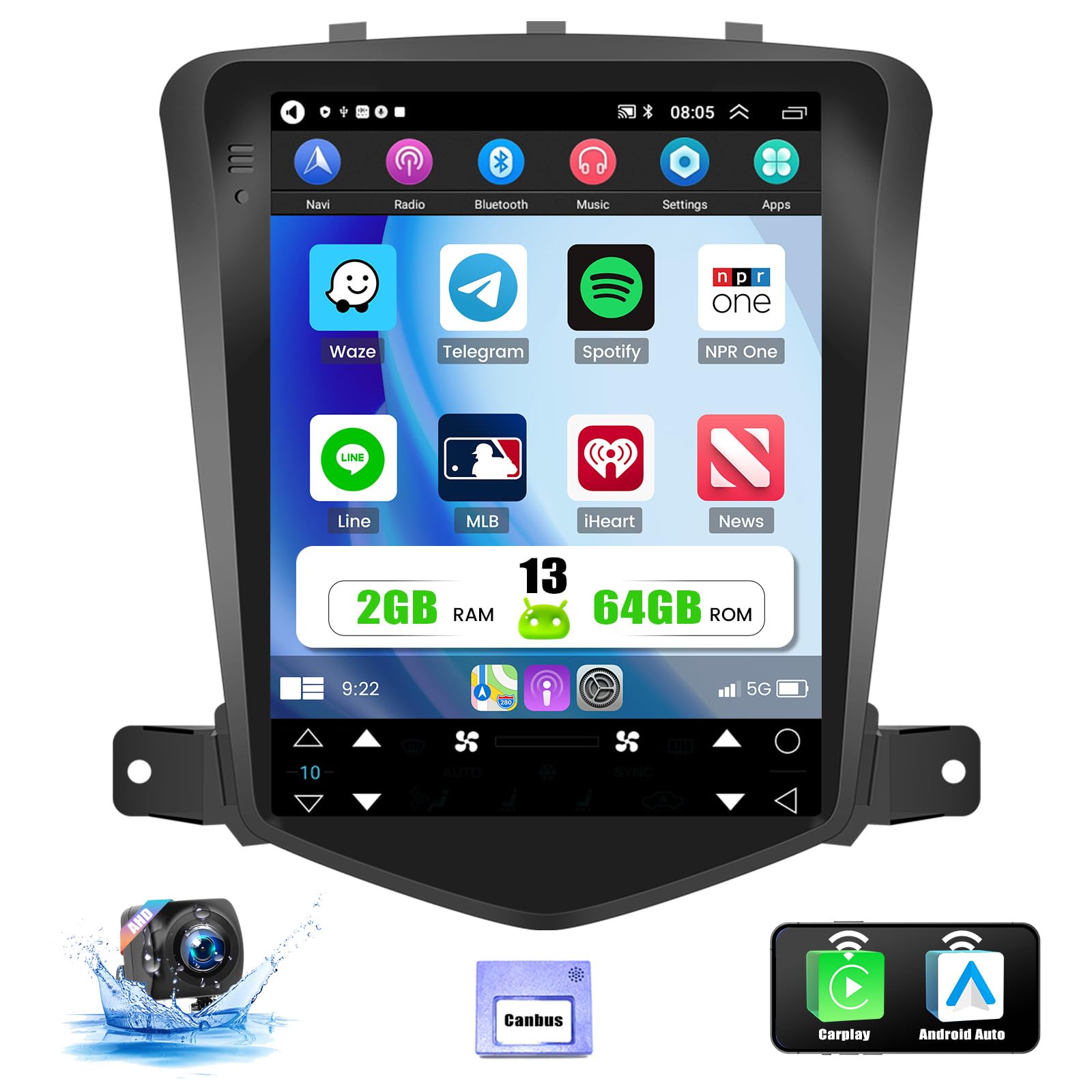 [2+64G] Android 13 Car Stereo for Chevrolet Chevy Cruze J300 2008-2012 with Apple Carplay&Android Auto,9.7 Inch Android Head Unit Car Radio with Bluetooth FM/RDS Radio WiFi GPS Dual USB+Backup Camera