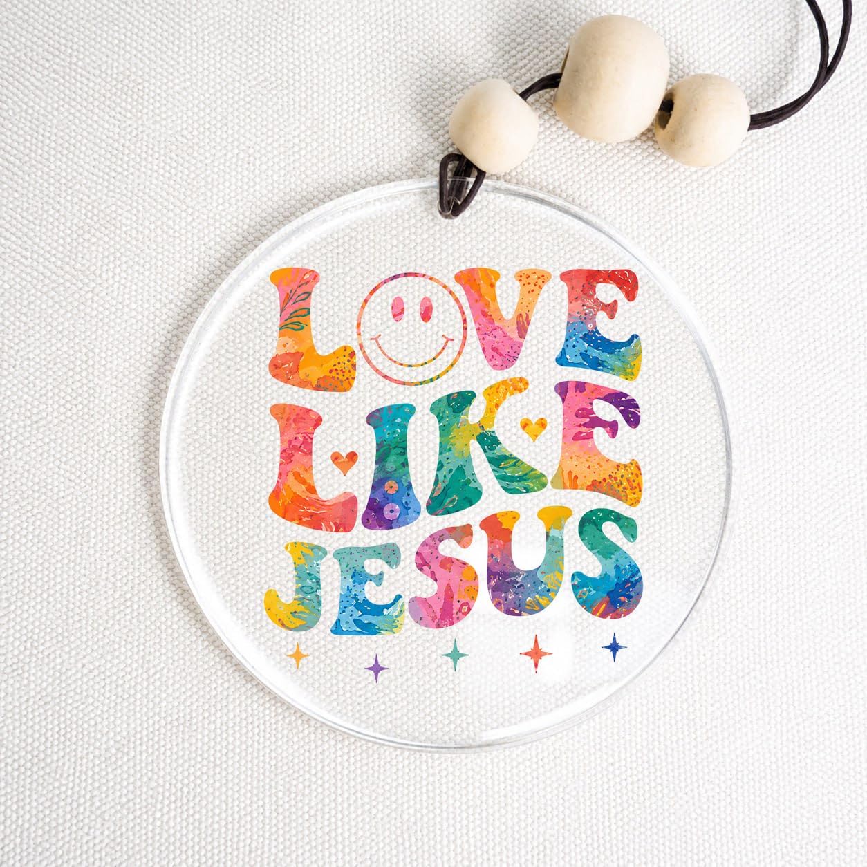 Talataca Christian 2D Flat Car Ornament & Wood Beads, Love Like Jesus, Bible Verse Beaded Rear View Mirror Accessories, Rearview Hanging Charm, Christmas Tree Decor, Religious Gift image 2