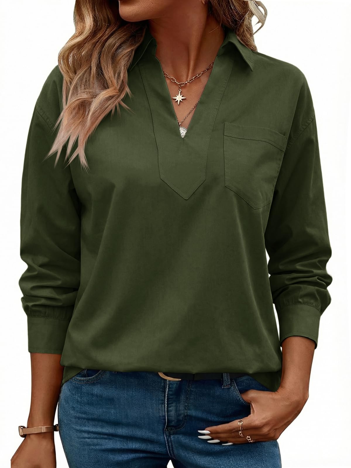 Cicy Bell Langarmshirt Damen V-Ausschnitt Bluse Einfarbig Elegant Oberteile Tunika Lässig Oversized Blusenshirt mit Brusttasche Casual Tops