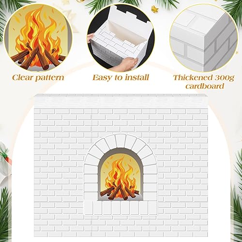Miniatura 3 de 26 chimeneas de cartón de Navidad 3D de 39 x 35 pulgadas, chimenea artificial de Navidad con llama de fuego, recortes de grano de madera, telón de