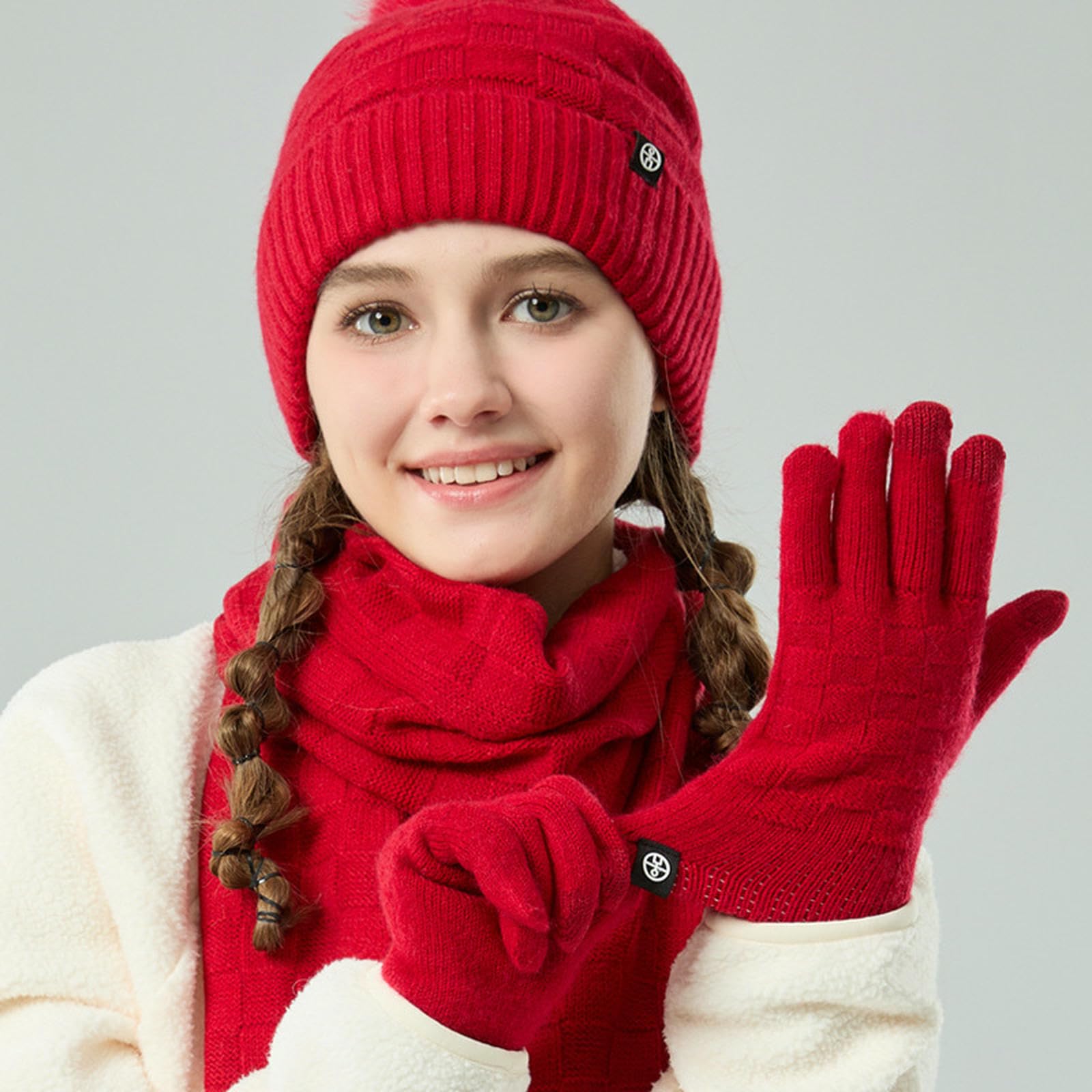 Wintermütze Schal Handschuhe Set Winter-Set Mit Fleece-gefütterter, Warmer Bommel-strickmütze, Und Handschuhen Für Den Außenbereich-schwarz