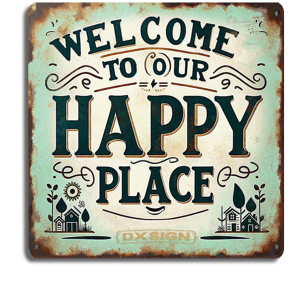 Rustic Teal Welcome Sign 8x8 inch - Shabby Chic Metal Tin Sign Decor, Vintage 'Welcome to Our Happy Place' Plaque, Ideal for Home Entrance, Living Room, Cafe & Garden Wall Decoration
