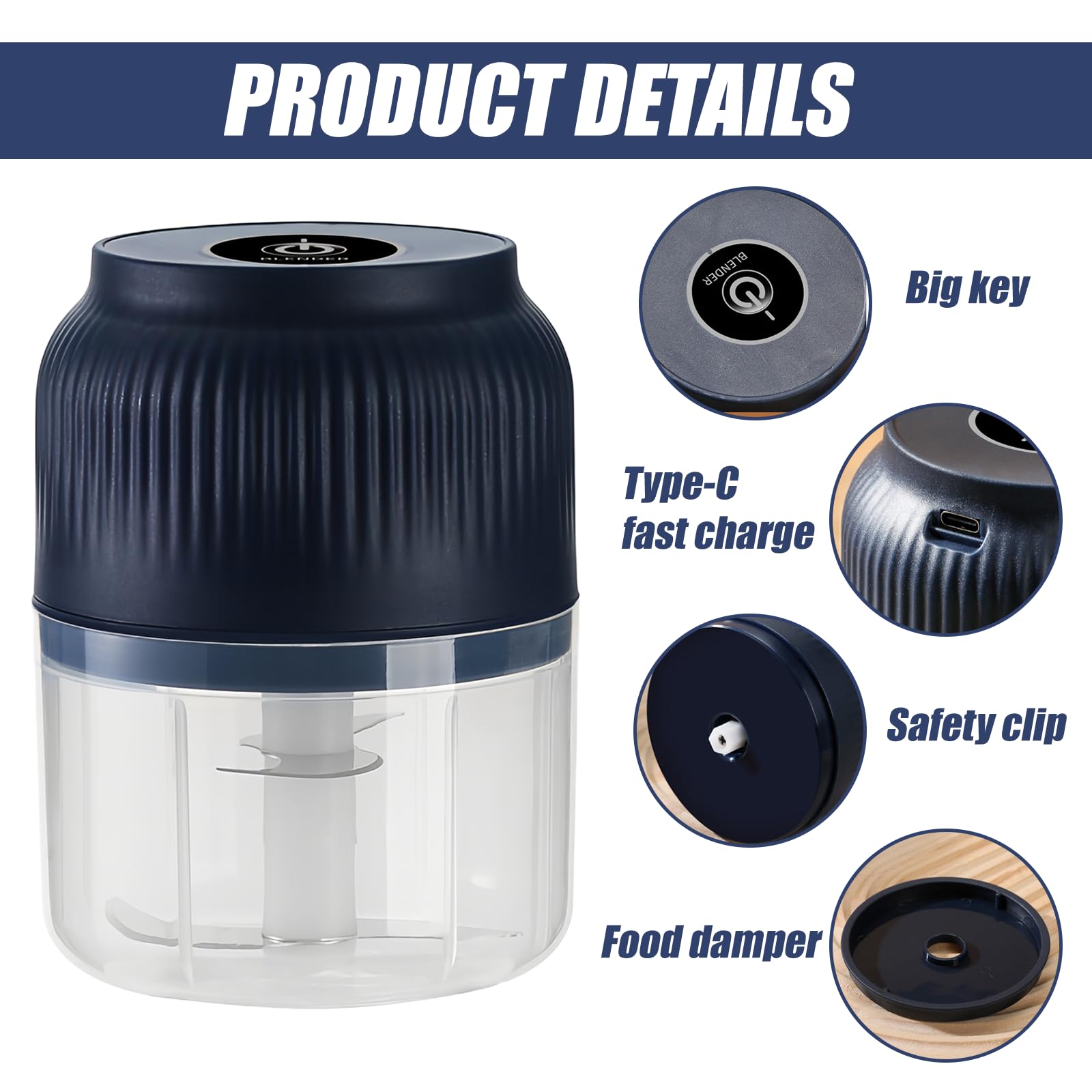Mini elektryczny rozdrabniacz, 300 ml rozdrabniacz akumulatorowy, pomocnik kuchenny z przyłączem USB, siekacz do czosnku, cebuli, warzyw, owoców, orzechów (niebieska)