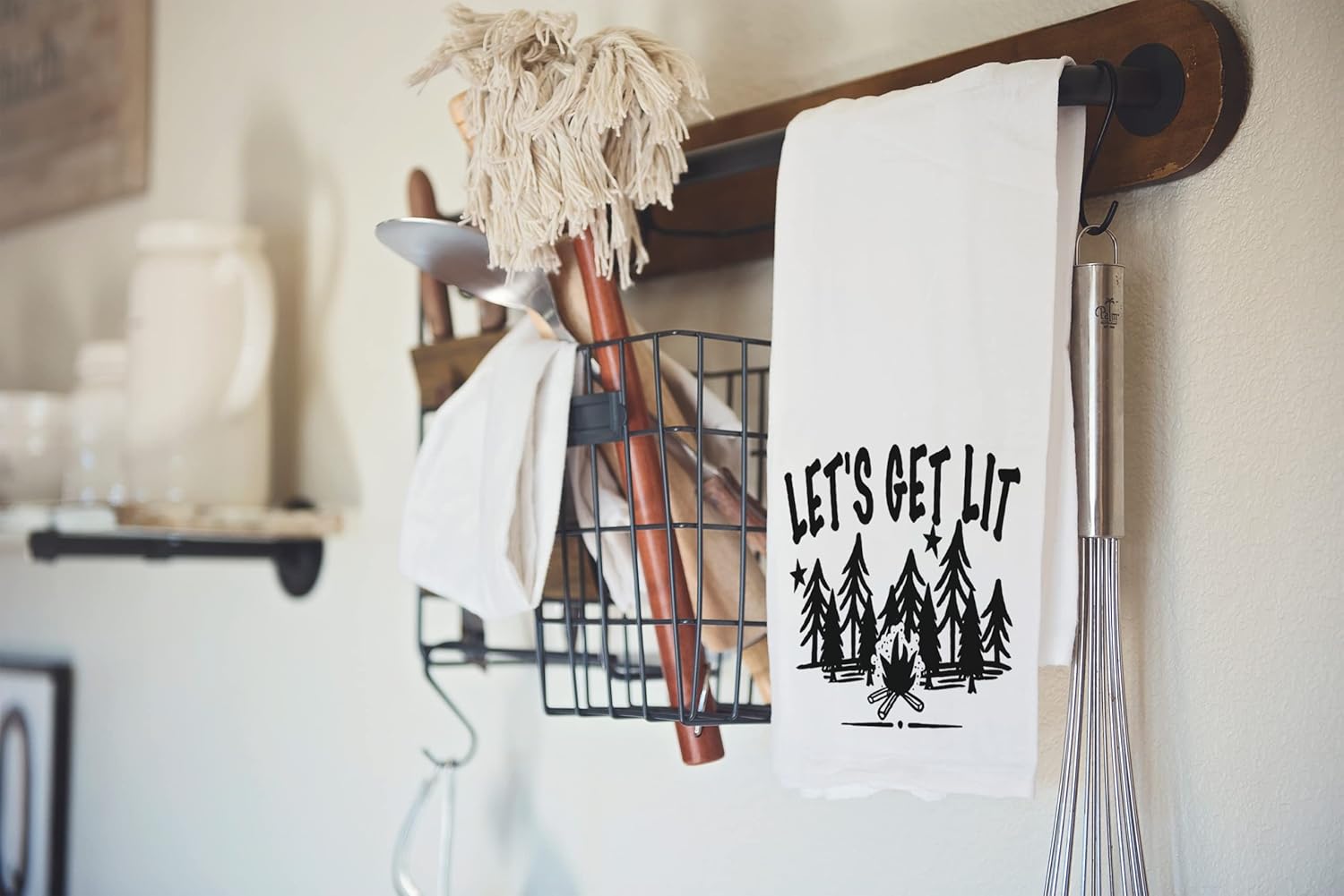 Handmade Funny Camping Kitchen Towel Set - 100% Cotton Funny Sayings Dish Towel for RV Camping Accessories- 28x28 Inch Perfect for Housewarming-Christmas-Camping Gifts (Lets Get Lit & Happy Place)