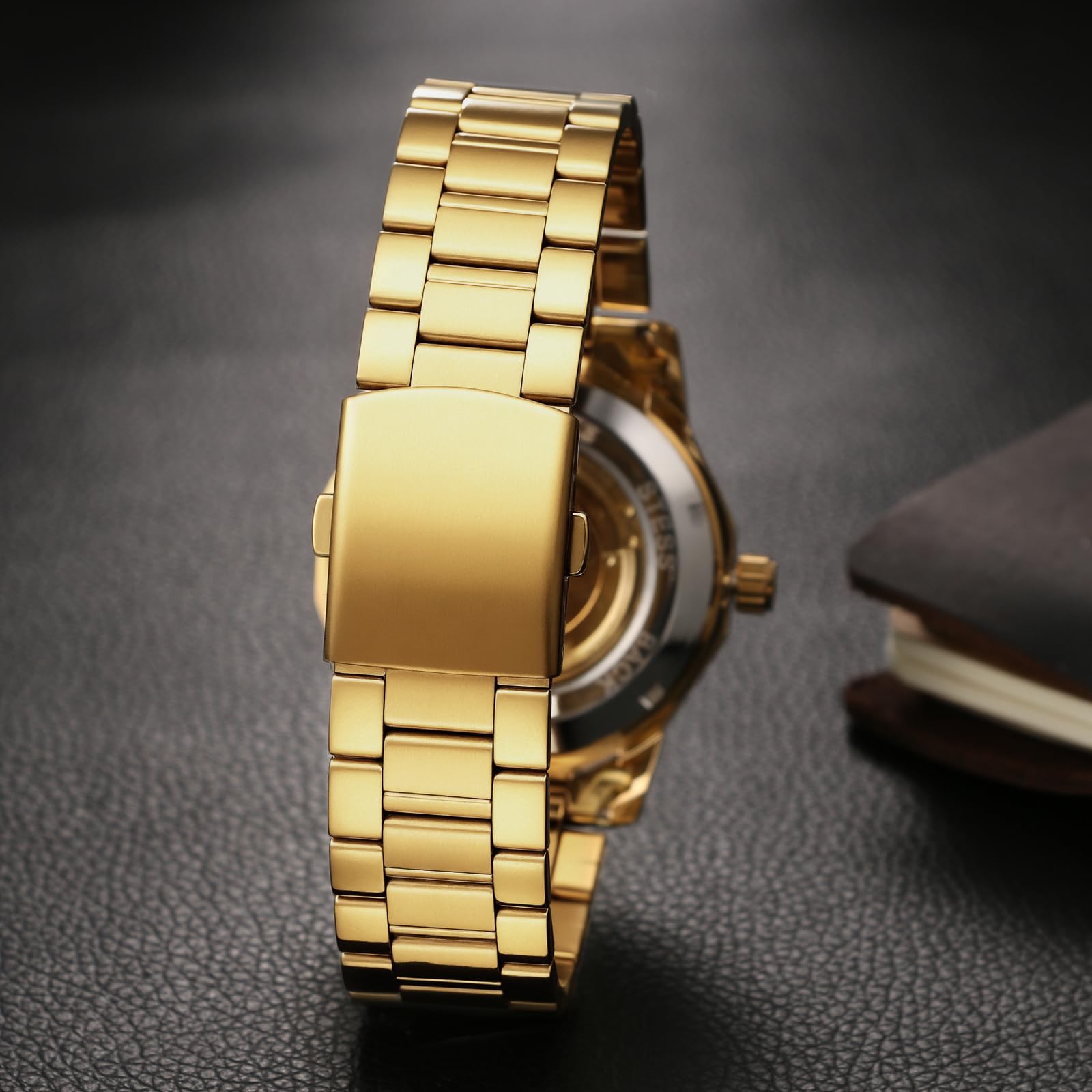 JewelryWe Reloj Mecánico Automático Hombre: Reloje de Pulsera Vestir Correa de Acero Inoxidable Dial de Engranajes Punteros Luminosa - para Regalo