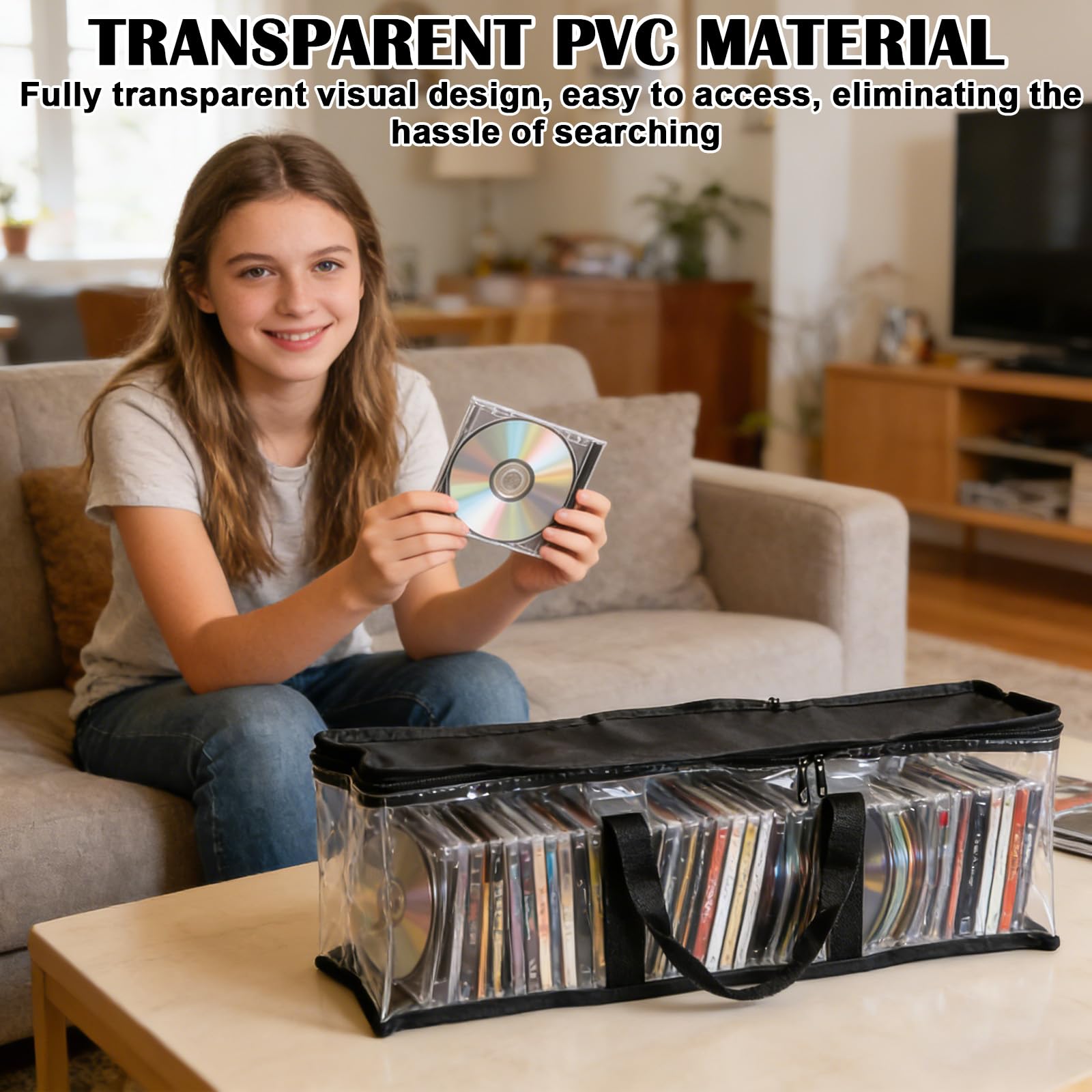 GBKDQQ 4 custodie per DVD, spazio per 160 DVD CD videogiochi, 60 x 15 x 22 cm, custodia trasparente per CD, impermeabile, con chiusura lampo e manici rinforzati (nero)