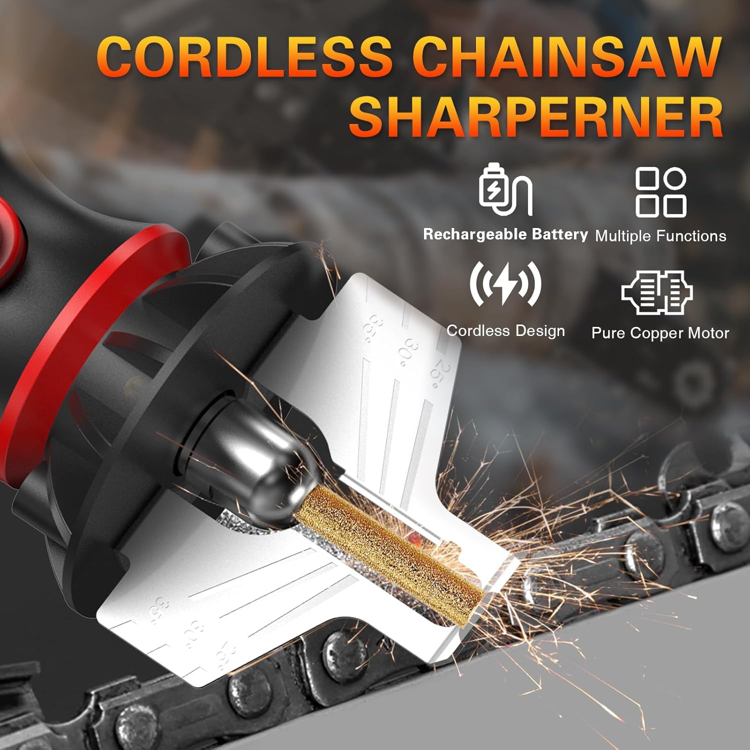 Electric Chainsaw Sharpener Kit with Titanium Plated Diamond Bits,Chain Saw Sharpener Tool Cordless,High Speed Chainsaw Sharpener,Chain Saw Blade Sharpener with 54pc Sharpening Wheels,Angle Attachment