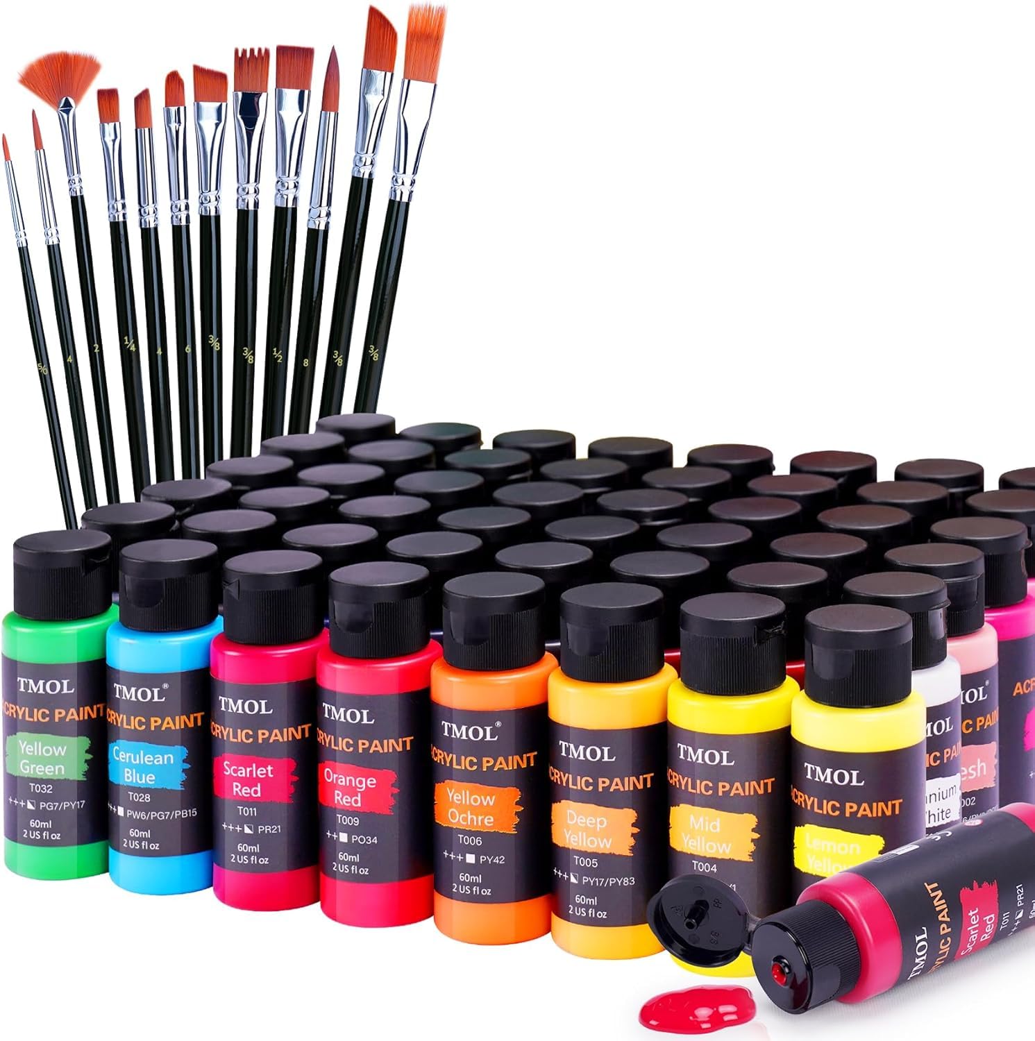 Acrylfarben Set, 48 Farben x 60 ml + 12 Pinsel, Acrylic Paint Set, Künstlerbedarf für Leinwand, Holz, Keramik, Stoffe, ungiftige Reiche Pigmente Acrylfarbe für Anfänger, Studenten, Profis, Künstler