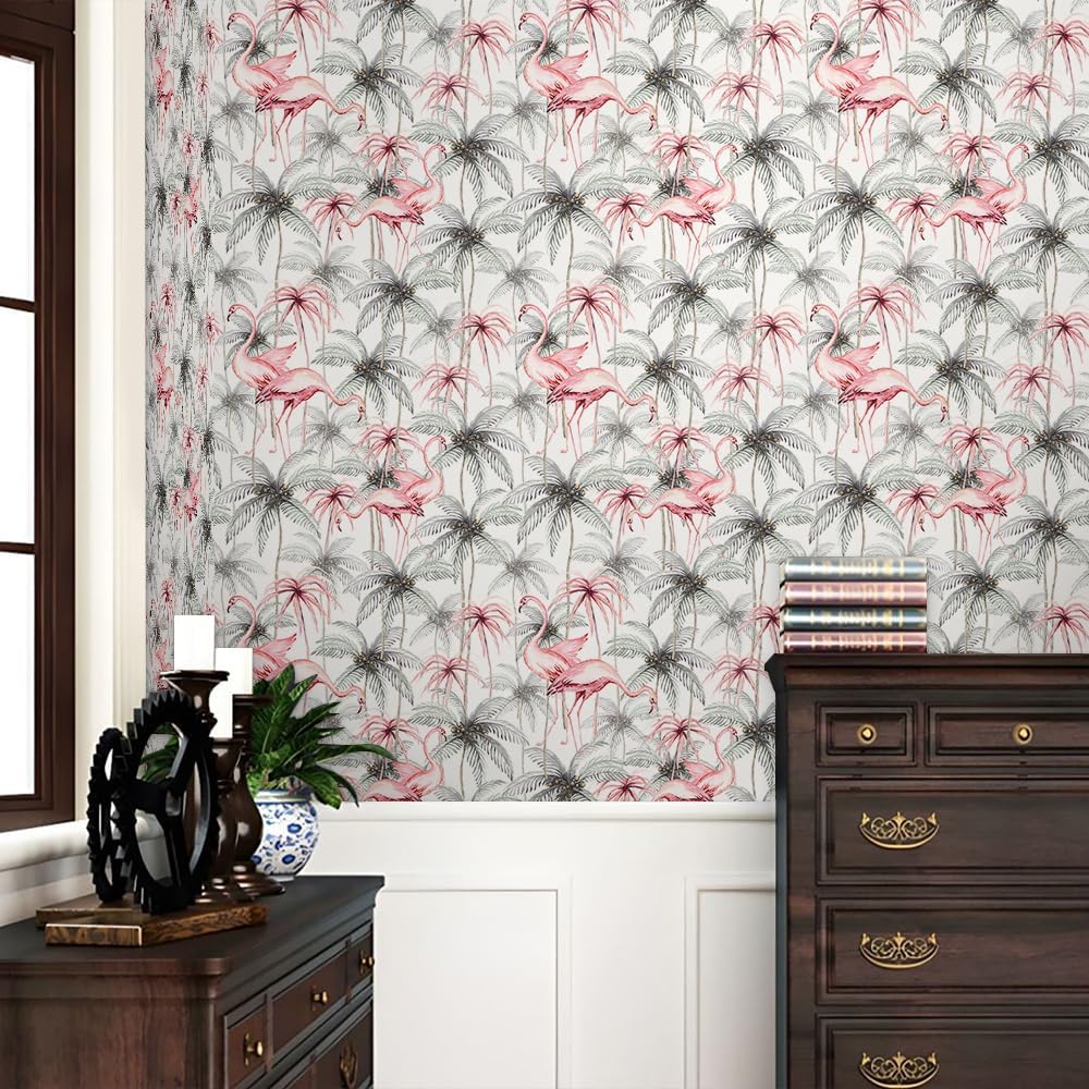 REDAMANCY Boho Tropical Animals Flamingo Modern Peel and Stick Wallpaper Vintage Wall Paper Stick on Contact Paper Easy Peel Off for nightstand Drawer Renter Friendly 17.7"x236"