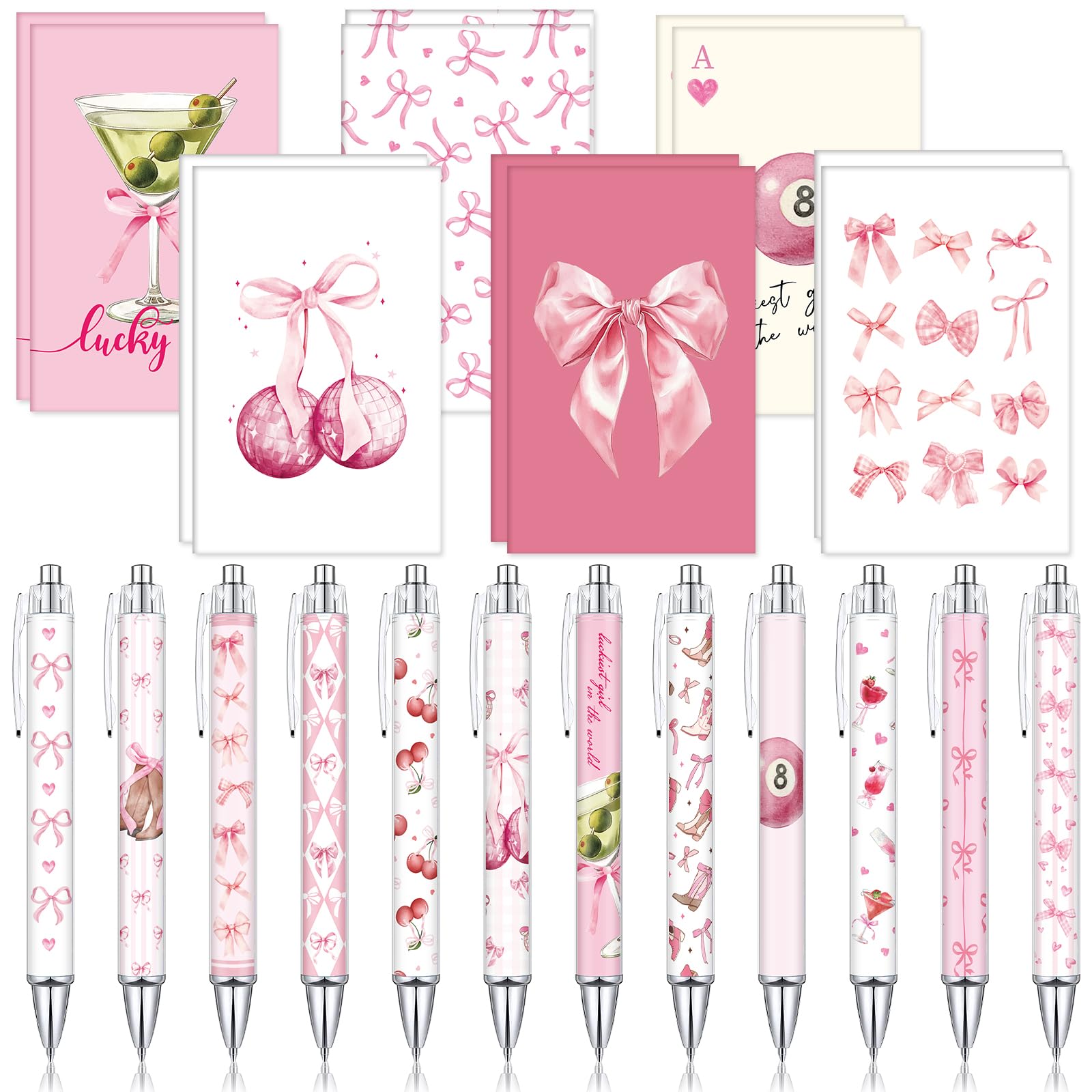 Fullhawl 24 Pcs Mini Coquette Pink Bow Notebooks and Pens Set 12 Small Pink Martini Ruled Notepad 12 Ballpoint Pens Preppy Bow Journal Bulk for Women