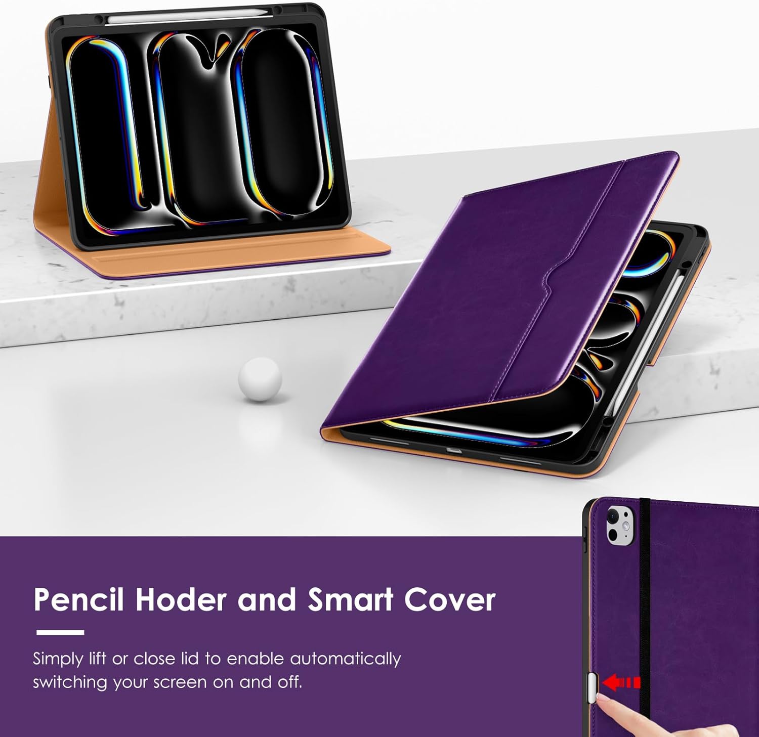 VIKESI Case for iPad Pro 13-inch M5 or M4 Released in 2025 or 2024, Leather Stand Cover with Apple Pencil Holder, Auto Wake/Sleep, Multiple Viewing Angles, Built in Hand Strap & Pocket,Dark Purple
