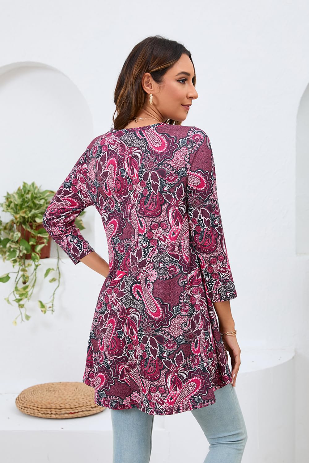 Enmain Maglietta Donna Manica Lunga Tunica Donna Maniche a 3/4 Scollo V Maglia Lunga per Leggings Elegante Stampata Paisley Tunica Taglie Forti Comfort Camicia