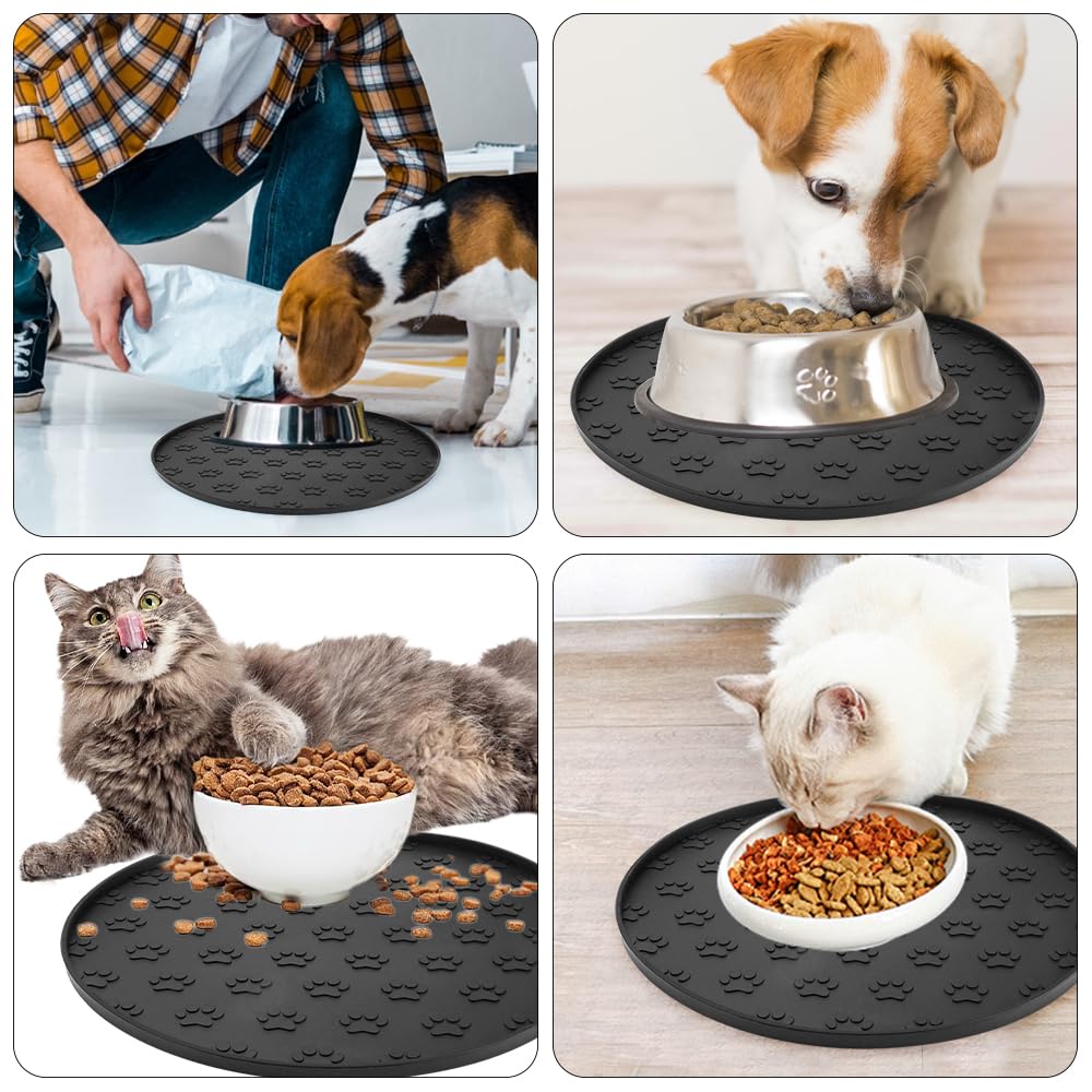 2 Pezzi Nero Sottociotola per Cani, 27,5x27,5x1cm Rotondo Tappetino Ciotole Gatto, Tappetino Ciotola Cane Antiscivolo, Impermeabile Tappetini Sottociotola, per Animali Domestici Medi e Piccoli