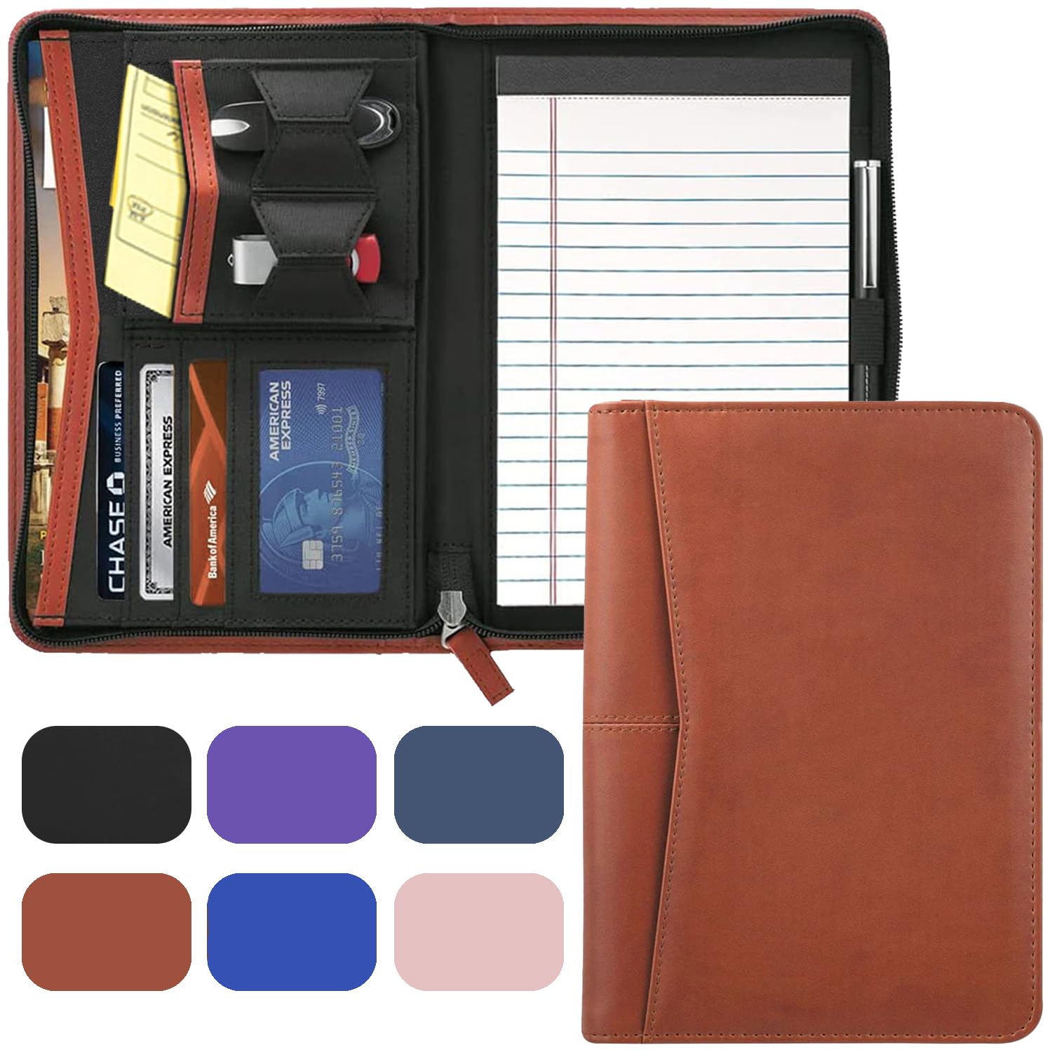 Gorbado Small Portfolio Organizer, A5 Zippered Business Portfolio, Junior Padfolio Folder Binder for Women & Men,5 x 8 Writing Pad Included, Brown