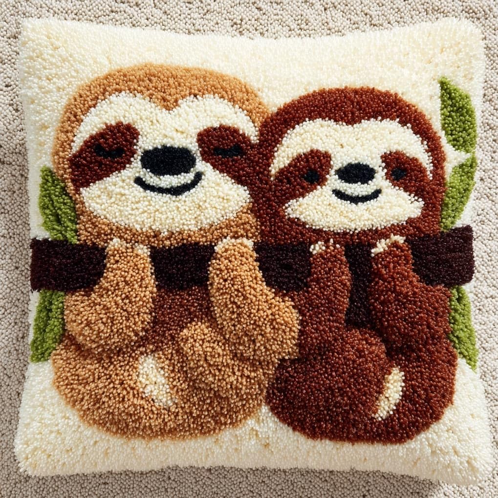 WallustrioaW Latch Hook Cushion Kits,Two Adorable Sloths,Latch Hook Pillow Case Kits Embroidery Carpet Set,DIY Needlework Sofa Cushion,17x17in