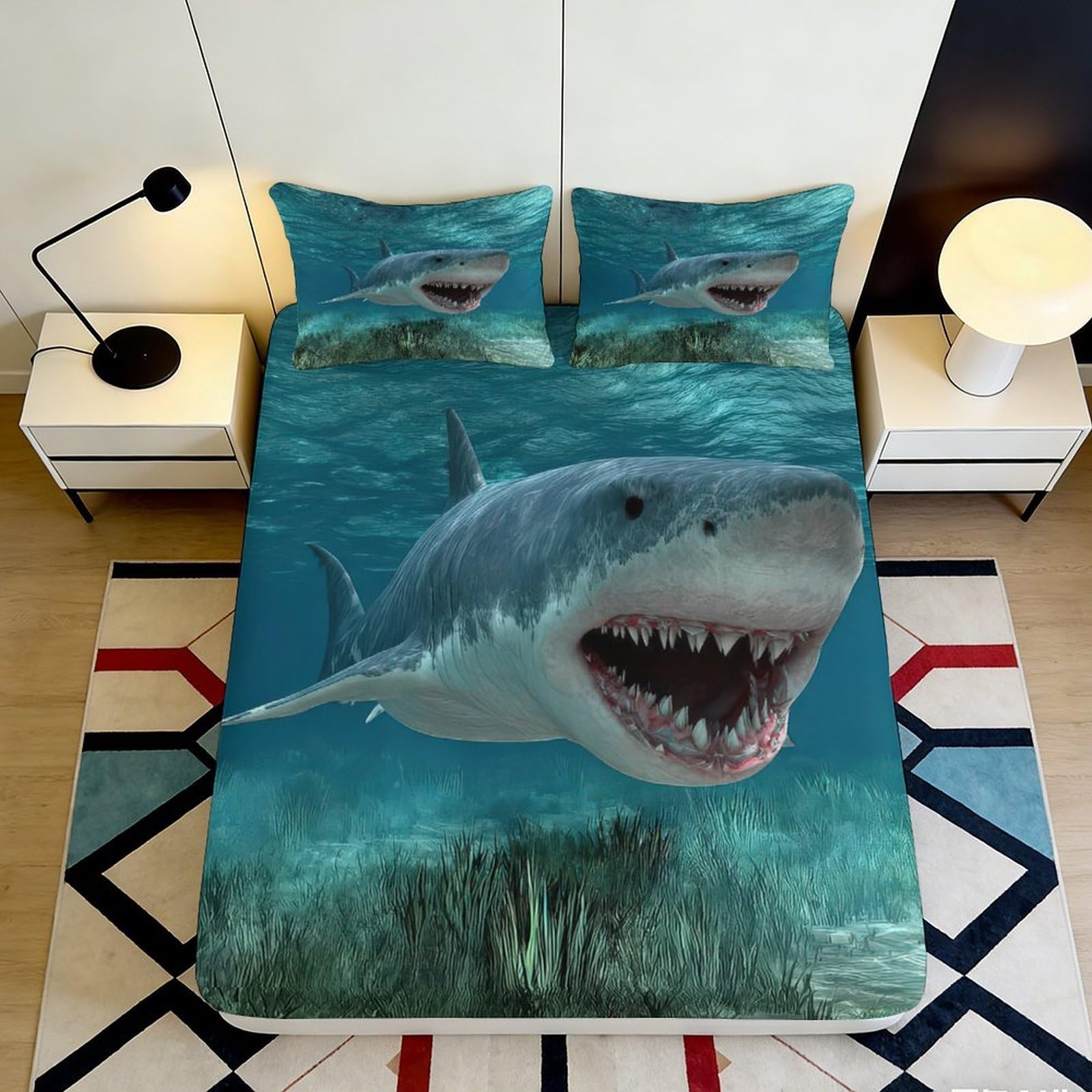 3D Printed Shark Pattern Fitted Sheet Microfiber Soft Breathable Ocean Bed Cover for Bedroom Dormitory Guest Room Mattress Protection Decor 90x200x25cm