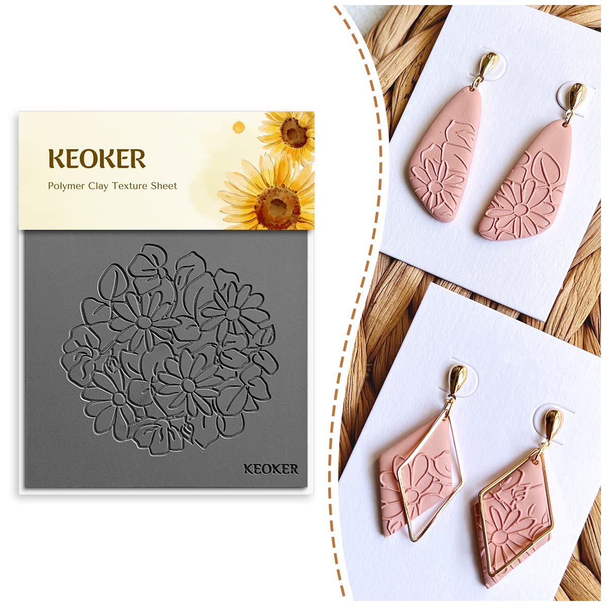 Keoker Polymer Clay Texture Sheets, Clay Texture Mat for Making Earrings Jewerly, Polymer Clay Earrings Tools (Floral B)