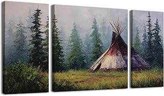 Weone Artwork 3 Panel Canvas Wall Art Native American Indian Tribal Camp Teepee Pine Trees Mist Grassland Stretched & Framed Art Prints Modern Painting Wall Decoration Ready to Hang Unique Designed