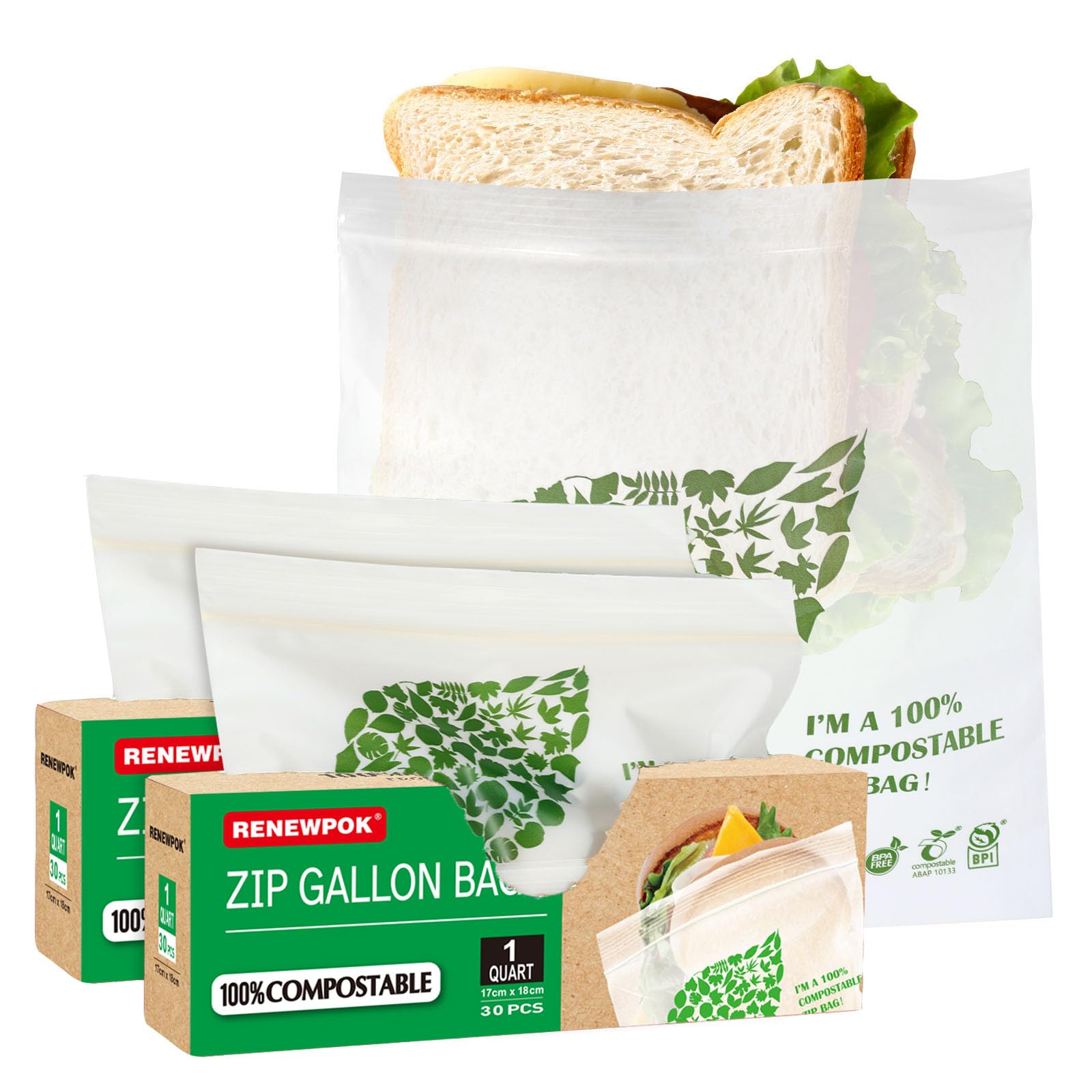 100% Compostable Gallon Bag Food Freezer Bags and Leak Proof, (Eco Zip) Large Size Seal well for Sandwich or Fruit Plant-Based BPA-free (60, 1 QUART)