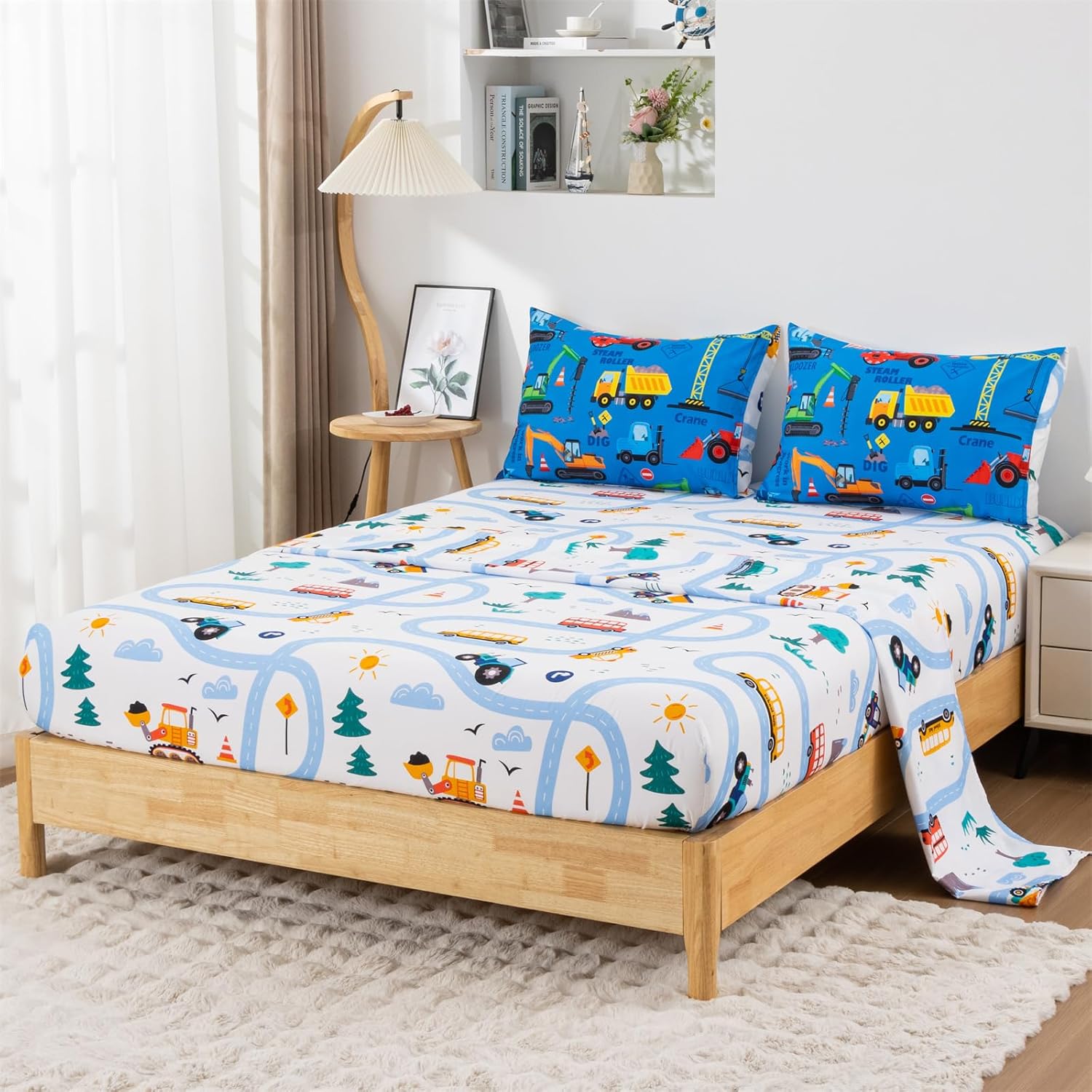Holawakaka Trucks Excavator Cars Boy Bedding Comforter Set with Sheets, Twin Size Cartoon Construction Car Tractors Print Kids Bed in A Bag 5-Piece, Boys Reversible Dorm Bed Sets (Blue Twin) - Image 5