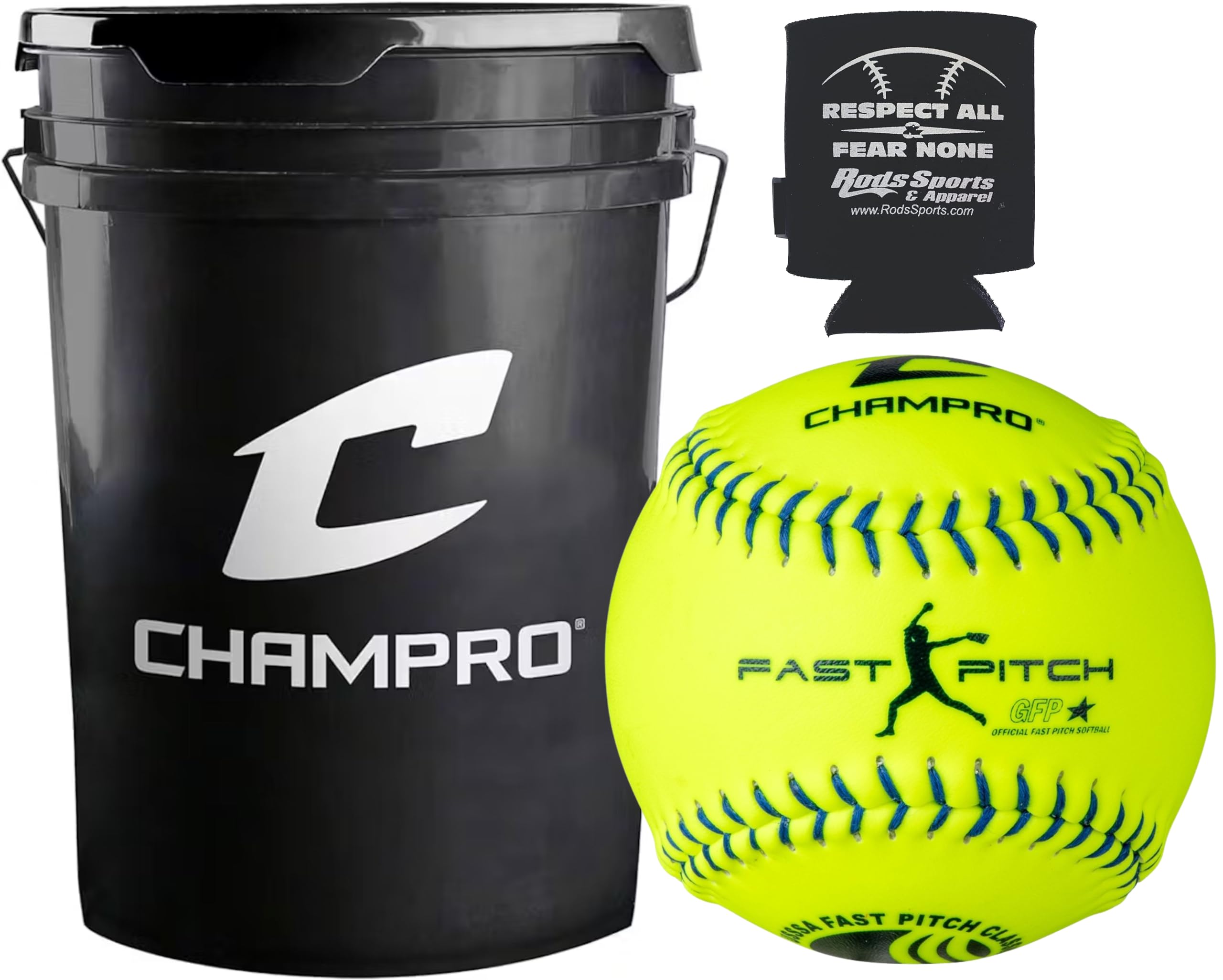 CHAMPRO CSB44 Durahide Cover 12" USSSA Game Softballs in a Black Bucket – 18 Balls and one Rods Can Sleeve Included.