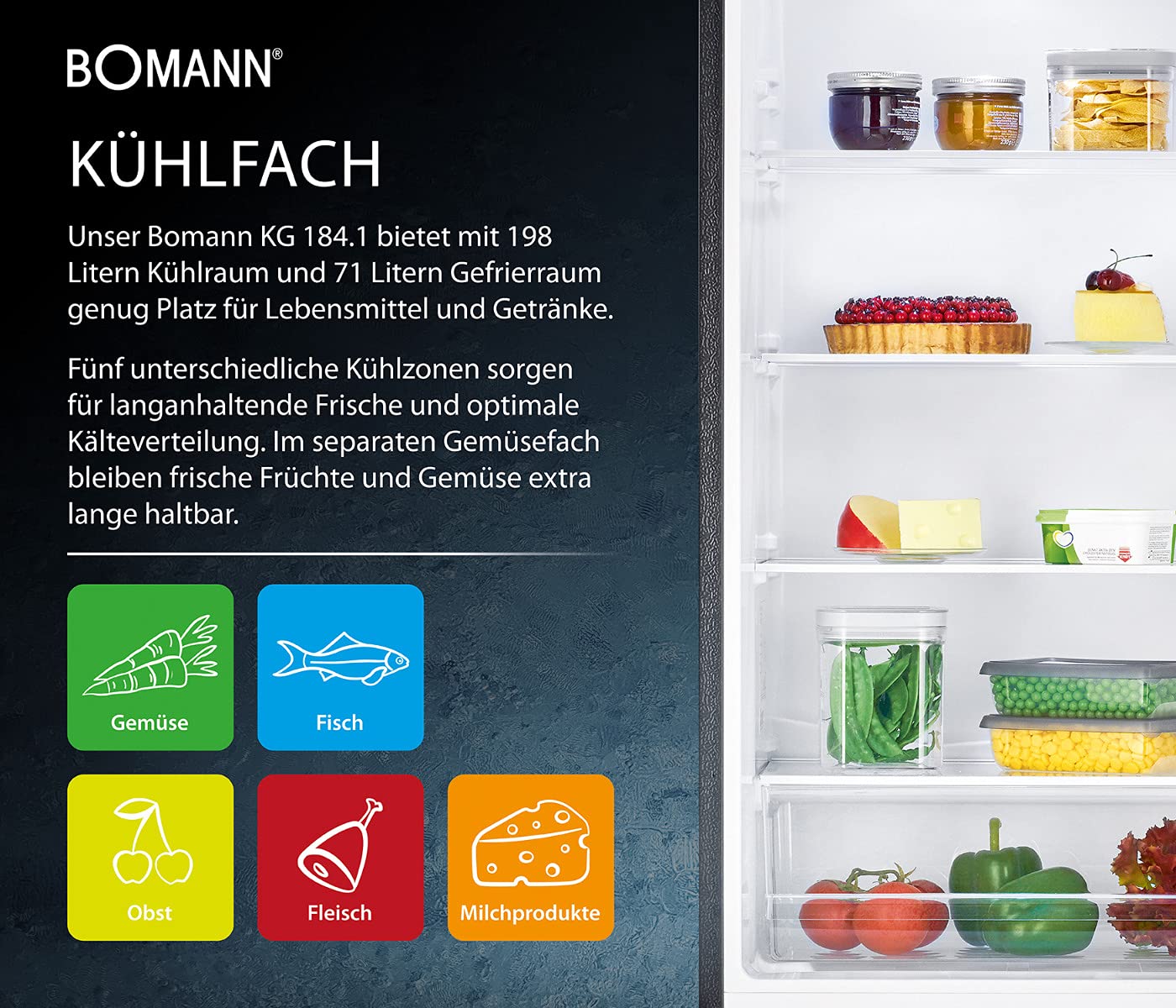 Bomann Kühlschrank mit Gefrierfach 269L Energieklasse D 180cm leise 39 dB KG 184.2 inox