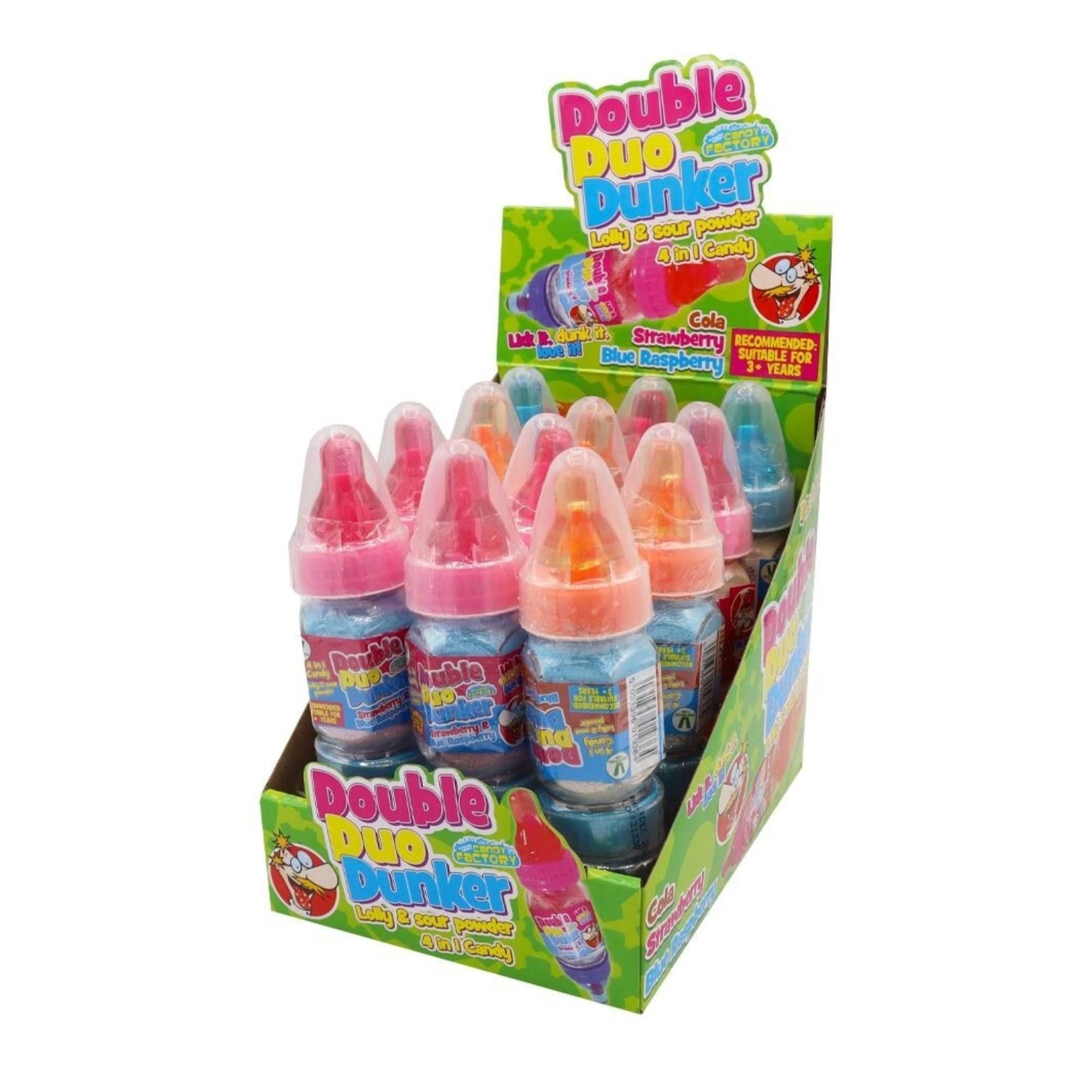 Crazy Candy Factory Double Duo Dunker, Fruit Flavour Dummy Lollipop & Sour Sherbet Dip, 32 g (Pack of 12)
