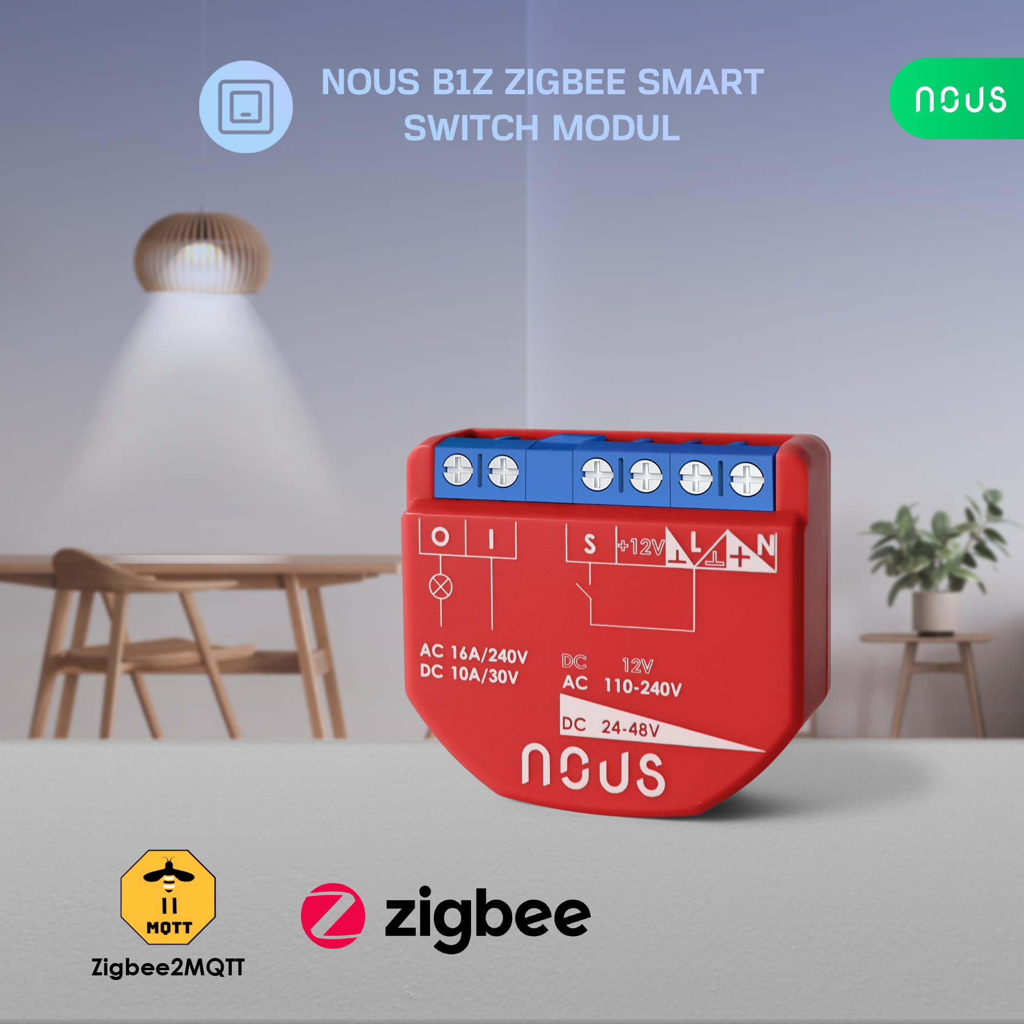 NOUS ZigBee Moduły Smart Switch, 1 kanał, AC 16 A/DC 10 A, suche styki, wymagany koncentrator ZigBee 3.0, kompatybilny z Alexa, Google Assistant, Home Assistant, aplikacją Tuya Smart Life
