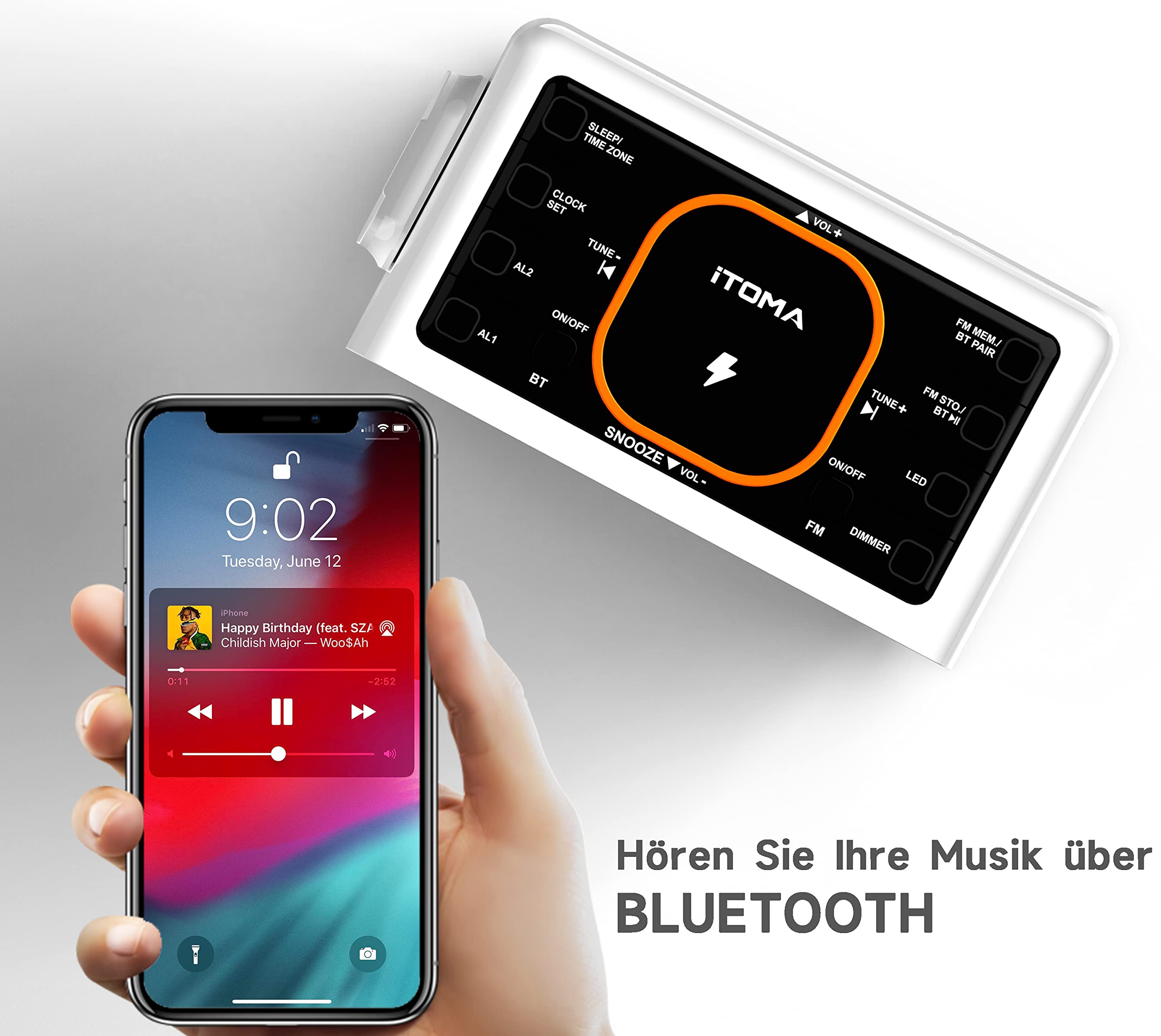 iTOMA Radio Despertador de Doble Carga Inalámbrica con Altavoz Bluetooth, FM Radio, Dos Puertos USB, Control del Dimmer, Doble Alarma, Snooze, Control Automático y Manual de Dimmer CKS209