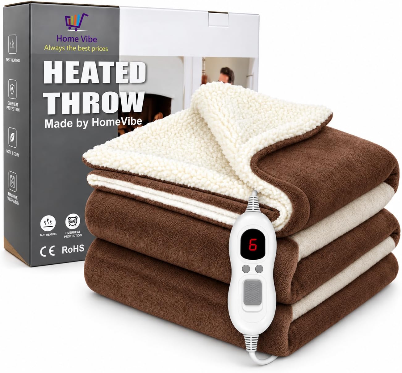 HomeVibe Heated Throw Blanket - Brown, Soft Electric Fleece with 8 Heat Settings, Fast Heating & Overheat Protection, Machine Washable, Ideal for Sofa or Bed (130cmx160cm)