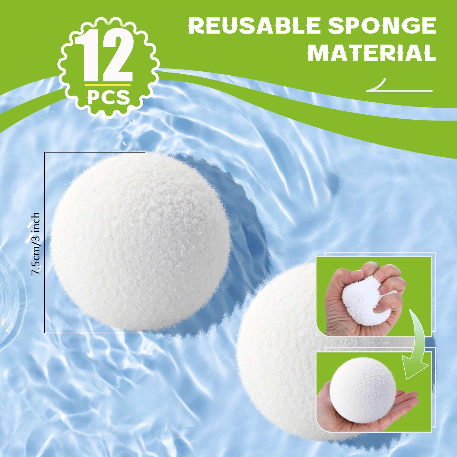 Bolas de Escoria para Spas, 7.5 cm Absorbente de Grasa Piscina, Esponja Absorbente de Aceite Reutilizables, Bolas Eliminadoras de Escoria para Piscinas, Spas, Bañera de Hidromasaje (12PCS)