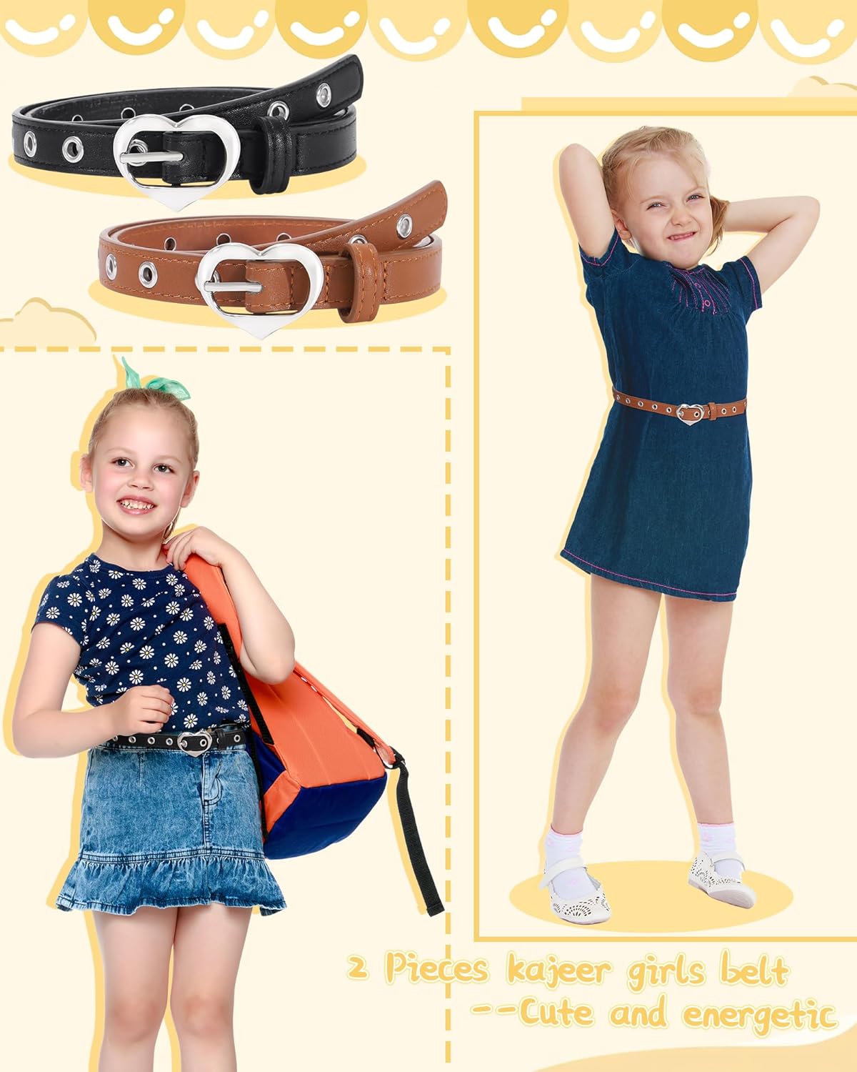 Kajeer Girls Belt for Kid,2 Pcs Leather Belt Durable Hollow Cute Heart Buckle Grommet Youth Toddler Belt for Uniform Casual - Image 4