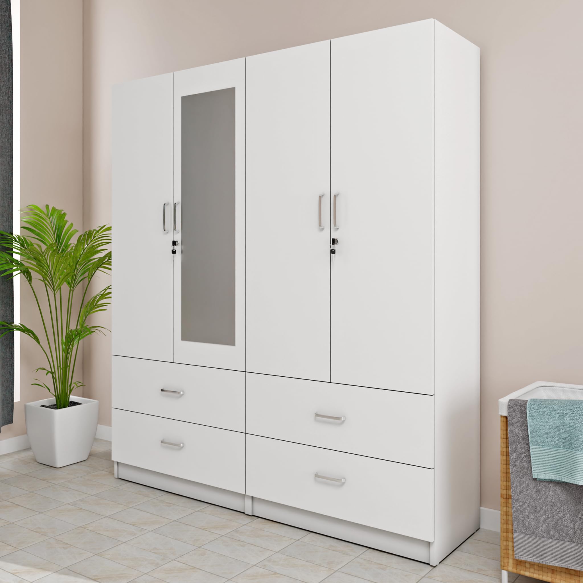 VIKI Wardrobe | Wooden Almirah for 4 Door 4 Drawer with Shelves & Hanging Space Mirror Wardrobe (Frosty White - 40D x 160W x 180.8H) | 1 Year Warranty | Free Assembly