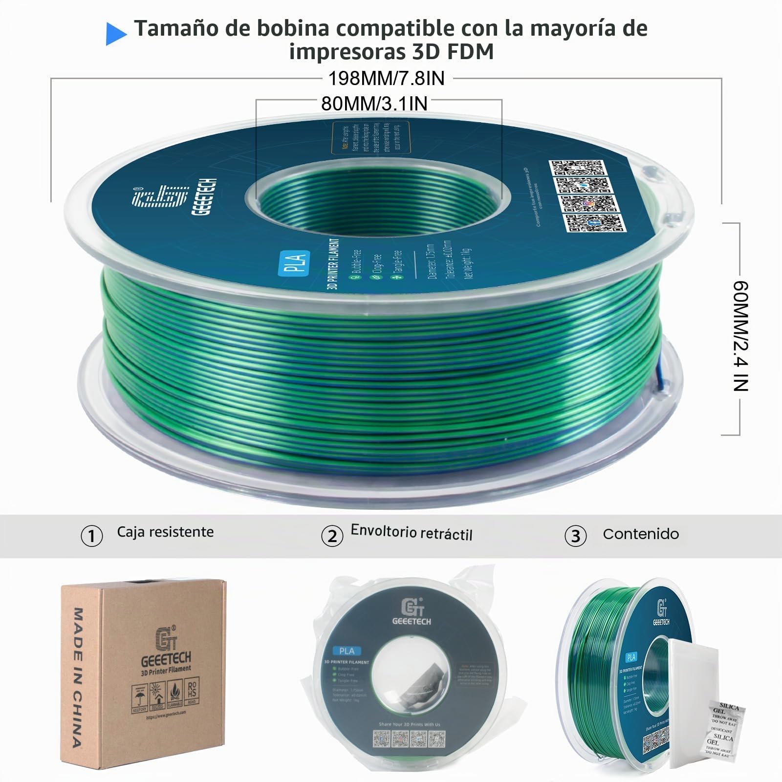 GEEETECH Filamento PLA de seda Doble, 1,75 mm, filamento para impresora 3D, 1kg por Carrete, 2 Rollos，Azul/Verde x2