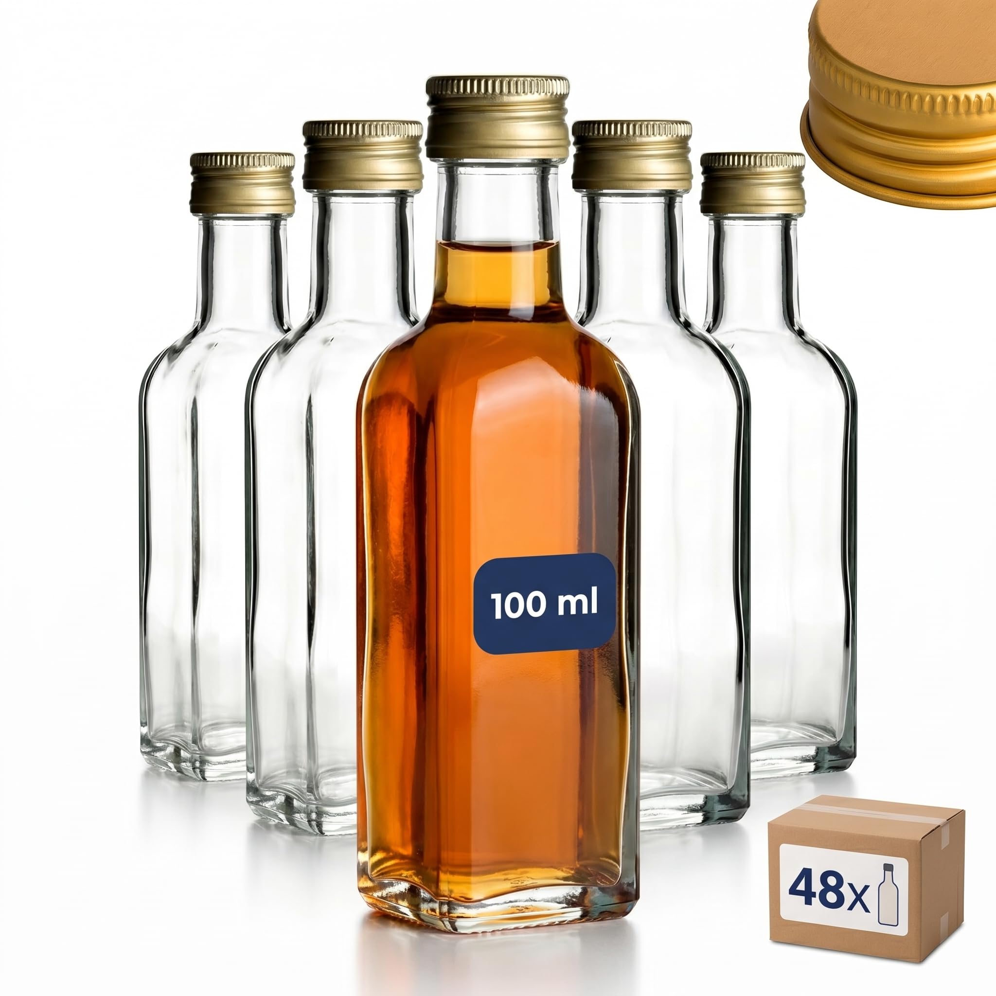 gouveo Lot de 48 bouteilles en verre Maraska (0,10 l) avec bouchons à vis dorés, flacons carrés pour liqueur sirop huile vinaigre PP 24 (MFET100G)