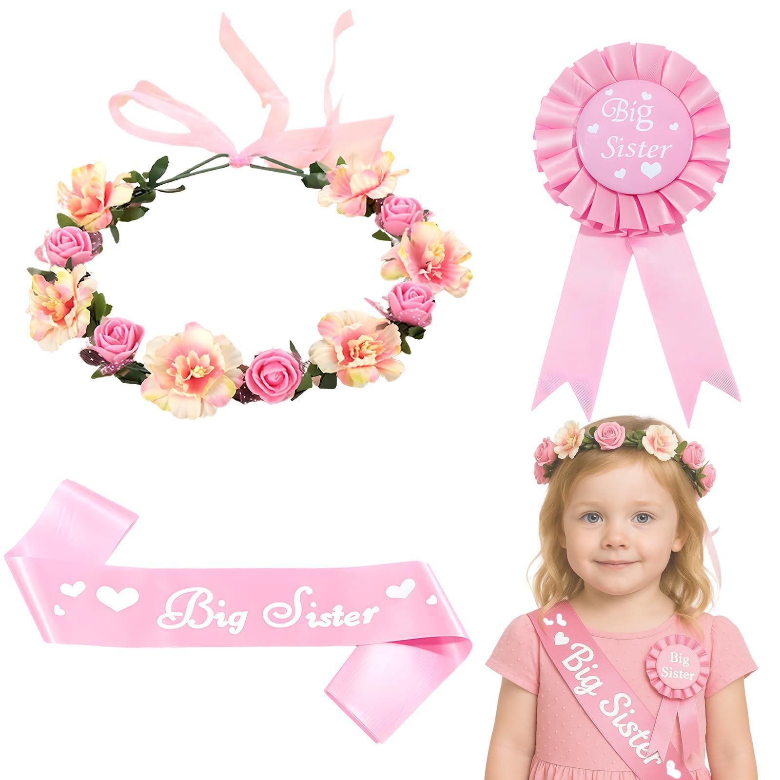 3 PCS Big Sister Gifts, Promoted to Big Sister Accessories with Pink Sash, Badge and Flower Crown