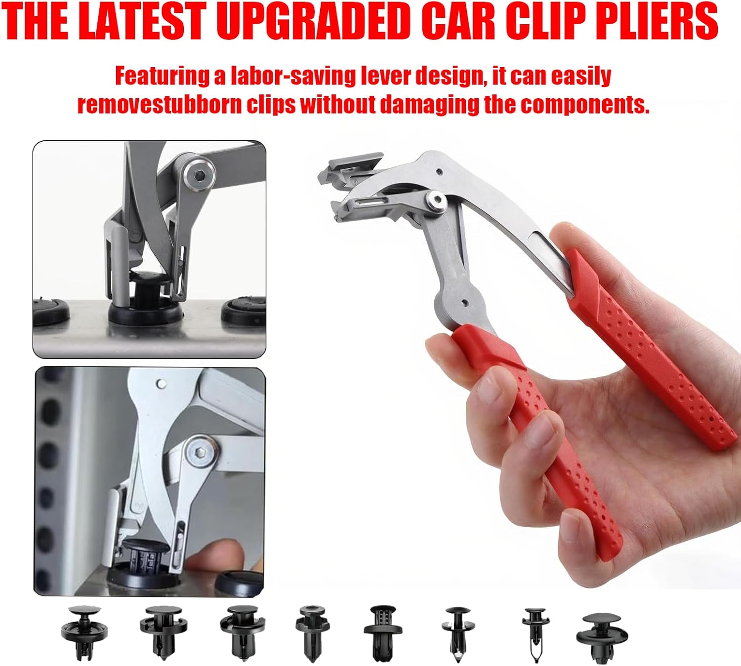 Car Clip Pliers Trim Removal Tool, Spring-Loaded Fastener Rivet Remover, Damage-Free Auto Door Panel & Interior Exterior Trim Disassembly Tool, 17-4 Stainless Steel (Red)
