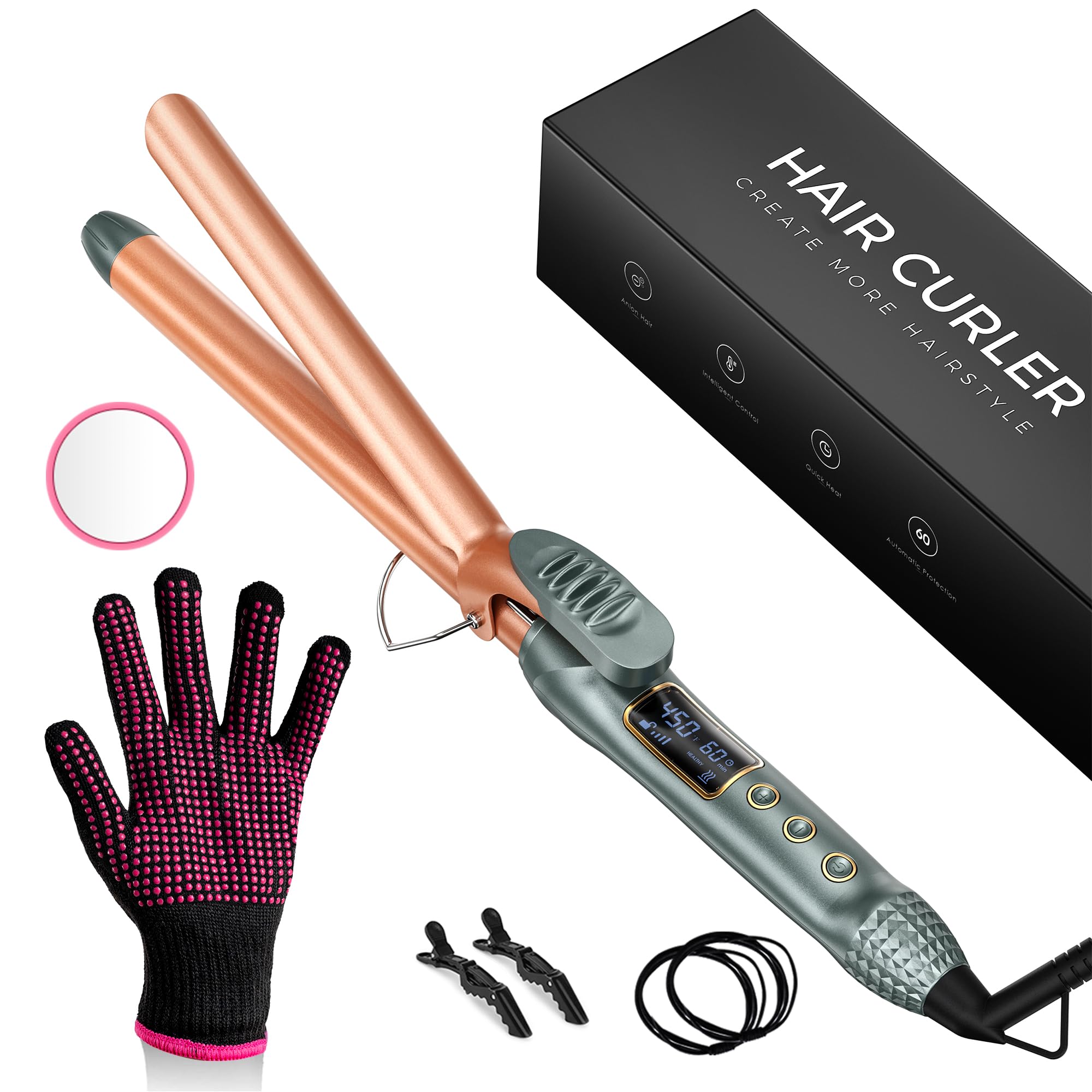 Vogewood 3/4 Inch Curling Iron, 19mm Curling Wand, Long Barrel Hair Curler for Medium & Long Hair with Adjustable Temperature, Fast Heat Curling Iron with Heat Resistant Glove and Pad, 9-in-1 Gift Set