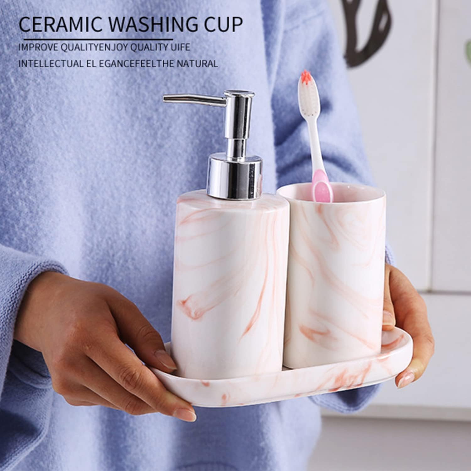 Zestaw ceramicznych akcesoriów łazienkowych, zestaw akcesoriów łazienkowych - tacka na mydło, dozownik mydła w płynie, zestaw szczoteczek do zębów trzy sztuki