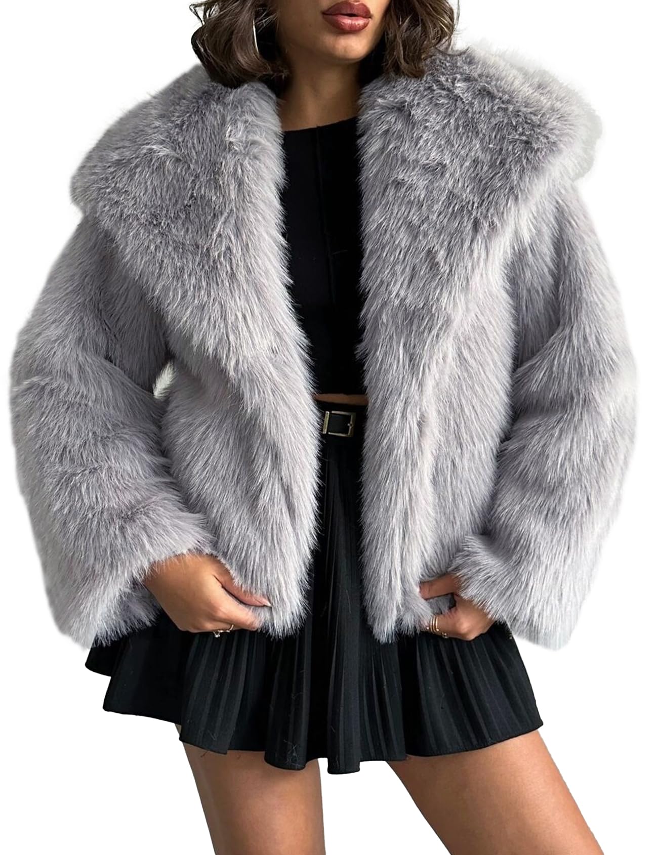 Abrigo de Piel sintética para Mujer Chaqueta de Piel sintética esponjosa Chaquetas de Invierno peludas de Solapa de Manga Larga Abrigo Corto de Parka Peluda
