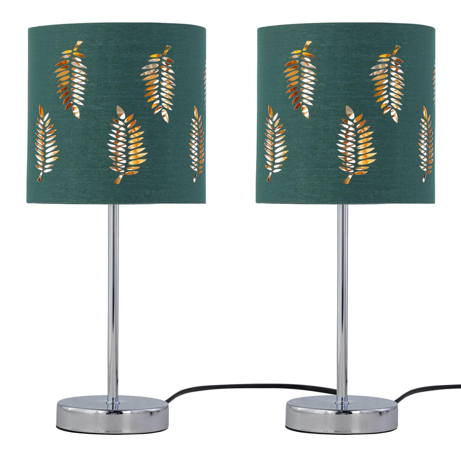 firstchoicelighting Set of 2 Touch Operated Chrome Table Lamps or Bedside Lights, Modern Design, Dark Green Fern Shade, Height 35cm, LED Compatible