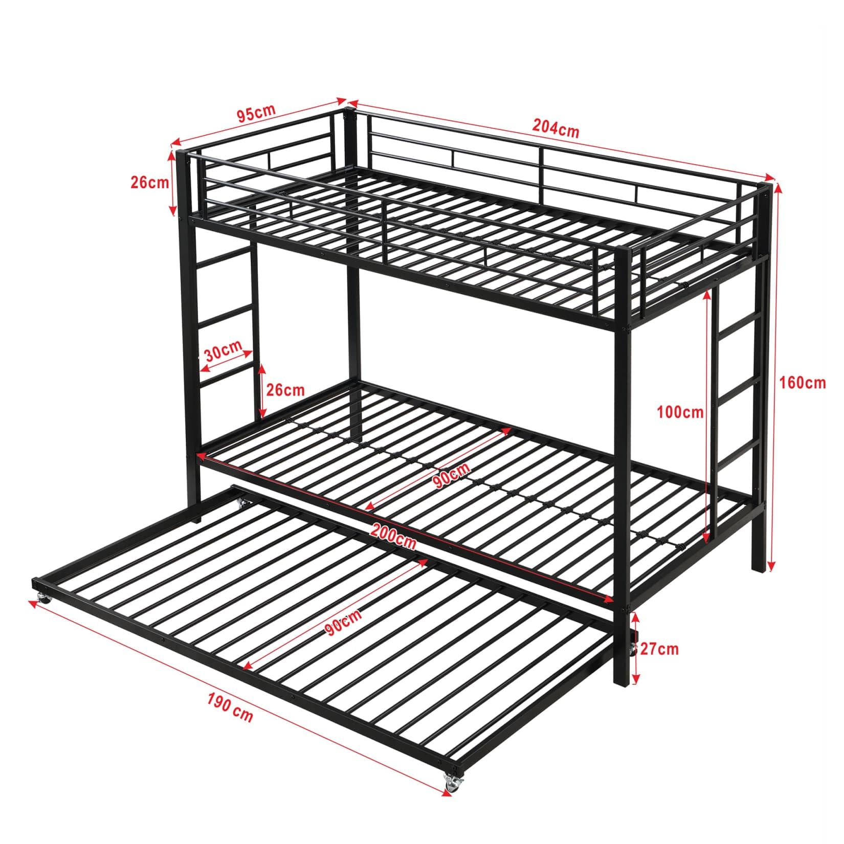 PUGSDRLY Lit Superposé 90x200cm avec Lit Gigogne 90x190(C-Noir) | Sommier à Lattes Solide,Structure Métallique,Escalier,pour Garçons Filles,Sans Matelas