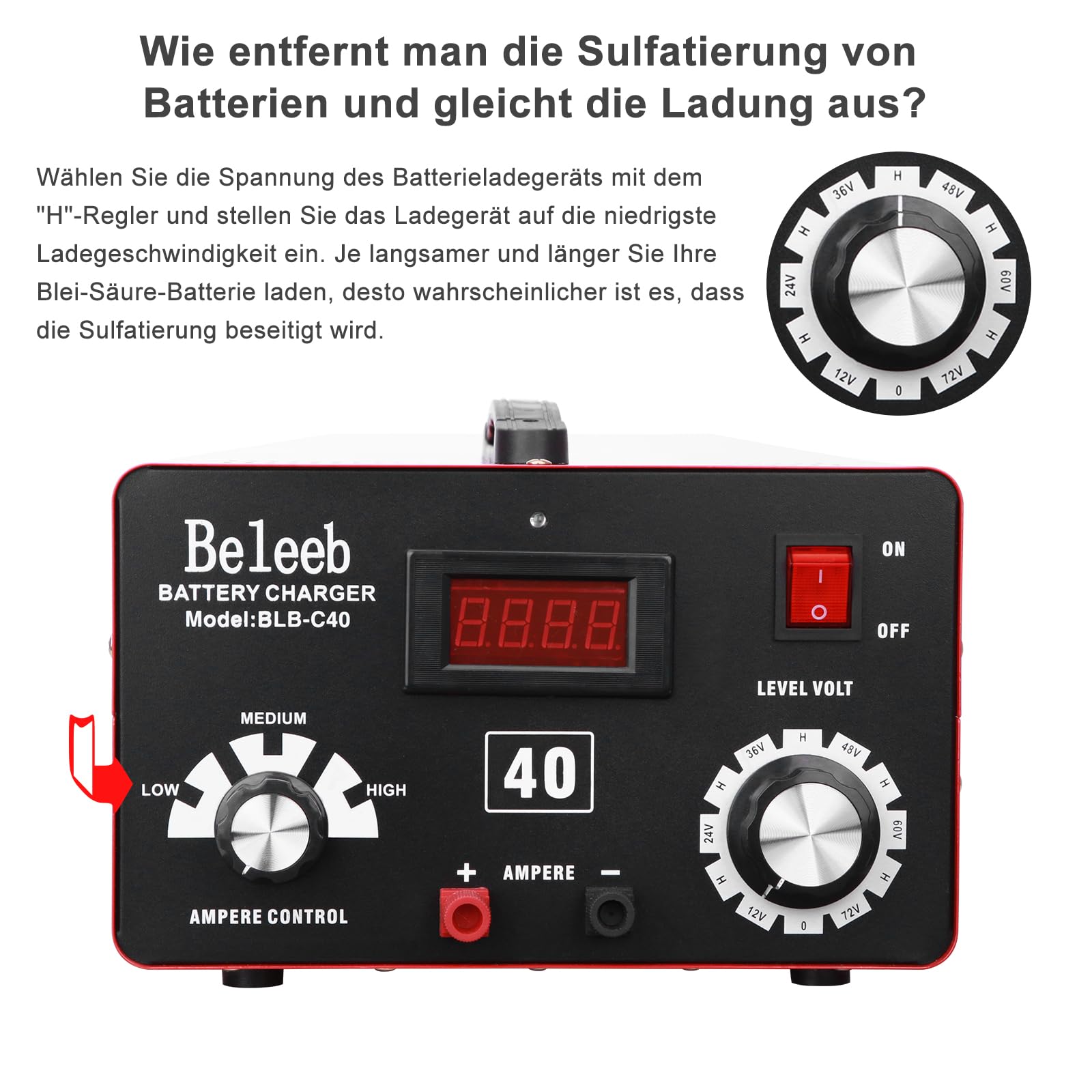 Hugoome Beleeb Serie C40 Batterieladegerät Autobatterie Ladegerät 12V 24V 36V 48V 60V 72V, Impulse von Hochspannungsbatterie-Desulfator-Erhaltungsmitteln für Blei-Säure-Lithium-Ionen-Batterien