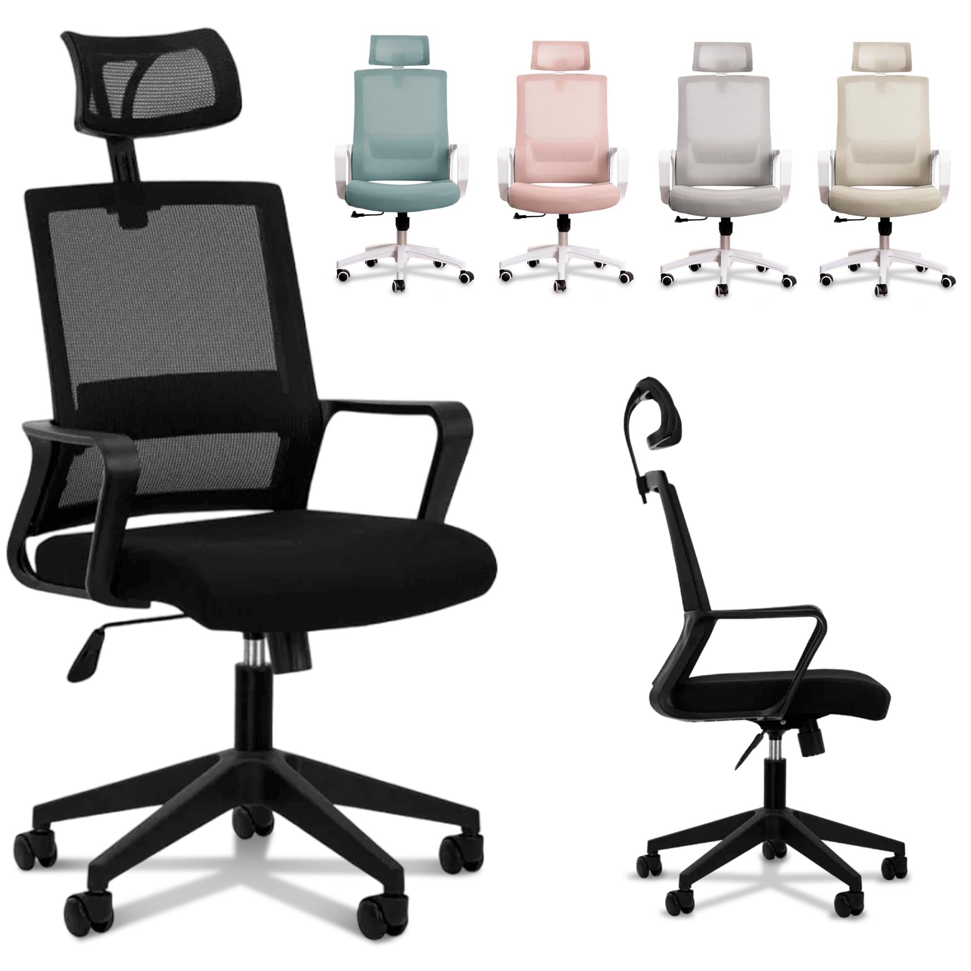 JUPPLIES Silla Escritorio Ergonomica - Silla Oficina Ajustable y Reclinable con Soporte Lumbar, Reposacabezas Ajustable, Malla Transpirable, Ruedas Giratorias 360° Soporta hasta 100kg (Negro)