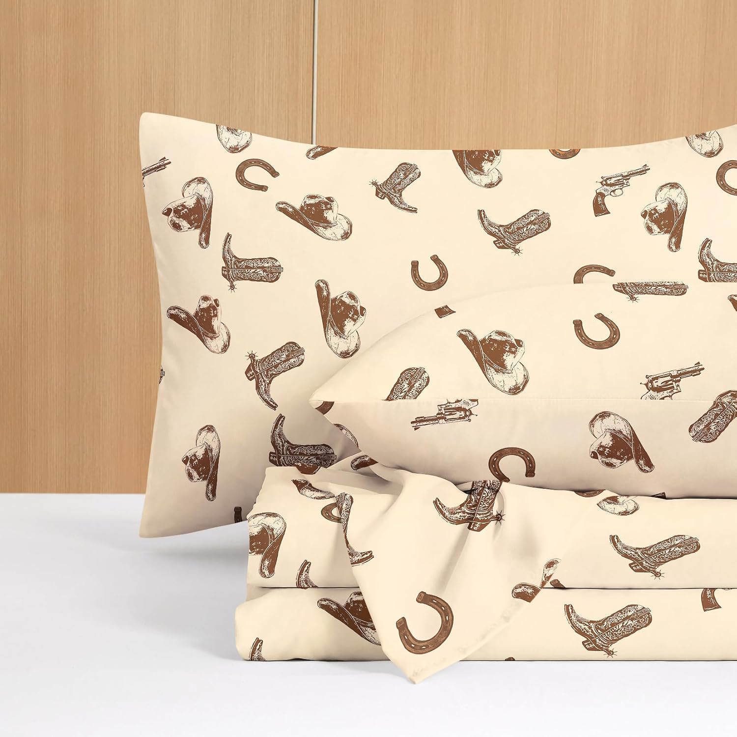 Wake In Cloud - Western Bed Sheets, 4-Piece Sheet Set, Rustic Ranch Style with Cowboy Southwestern Vintage Country Pattern Printed Bedding, Deep Pocket, Beige Brown, King Size