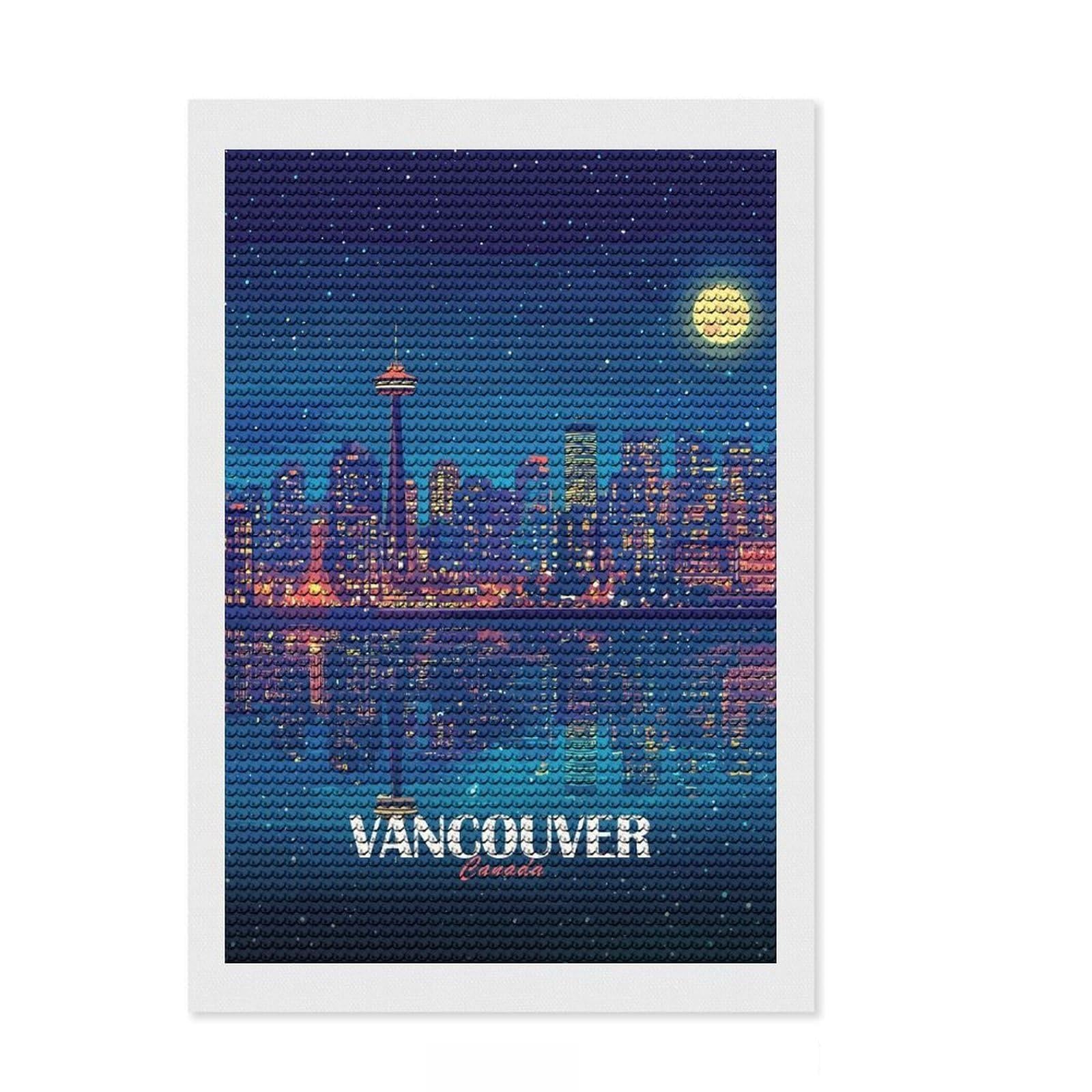 Junmoney Vancouver Canada Night Skyline Illustration DIY Diamond Art Canvas Kit 8"x12", for Women, Home Wall Decor, Good for Quiet Evenings, Festive Craft Gift