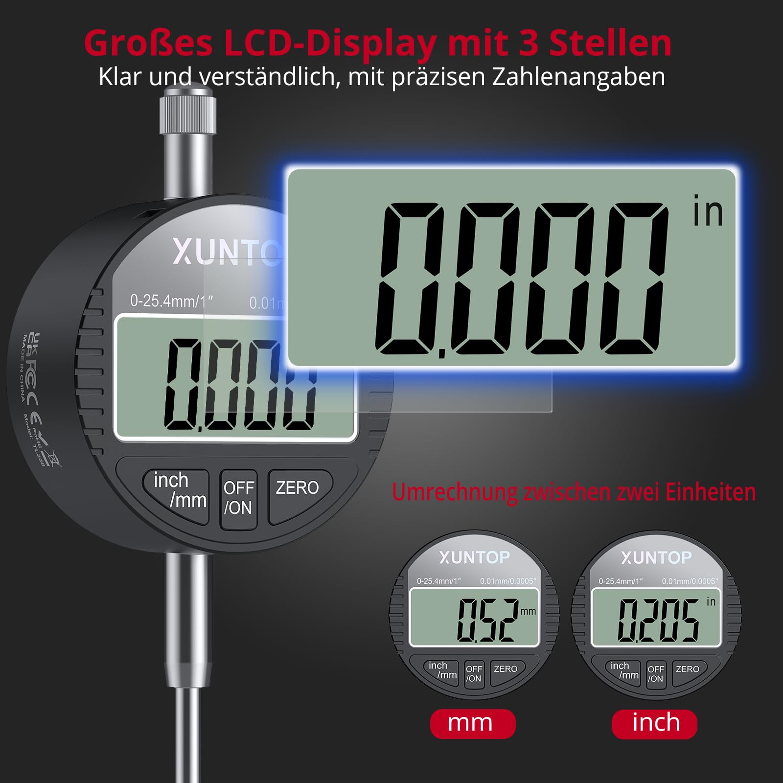 XUNTOP Digitale Messuhr Set 0–1 Zoll/25,4 mm mit Magnetfuß 176lbs (80 kg) Präzise digitale Messuhr Einheitenumrechnung Nullstellungsfunktion, LCD-Anzeige für Werkstatt & Maschinenjustierung